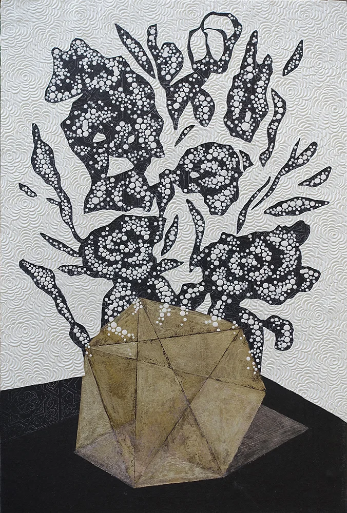 Daydreaming II (2016) Collage, graphite, acrylic and Flashe on paper mounted on wood panel framed in brass foil, 18 x 12 in.