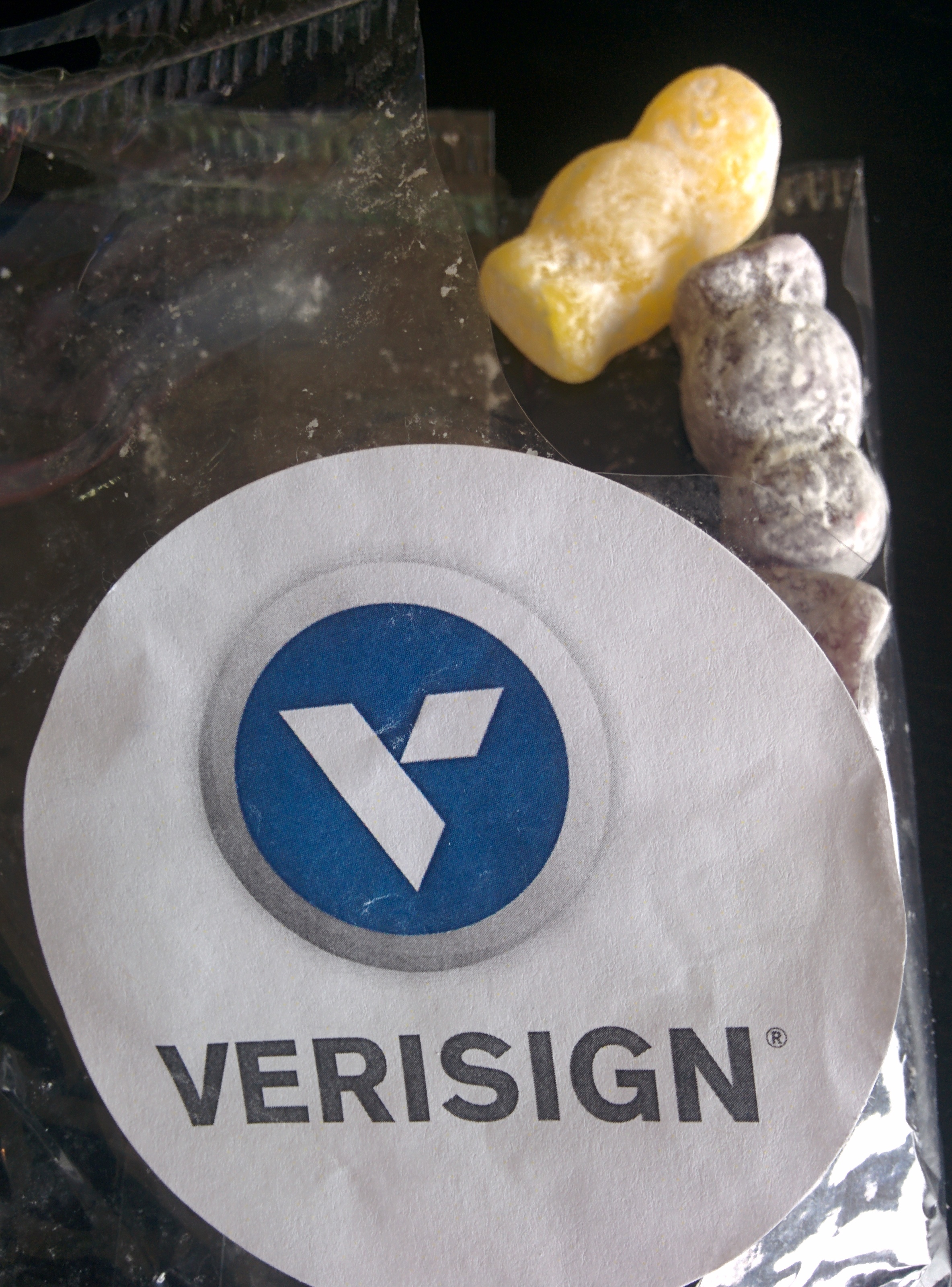 We were given some Jelly Babies by Verisign - at least we could be confident they were who they said they were before ate them :)