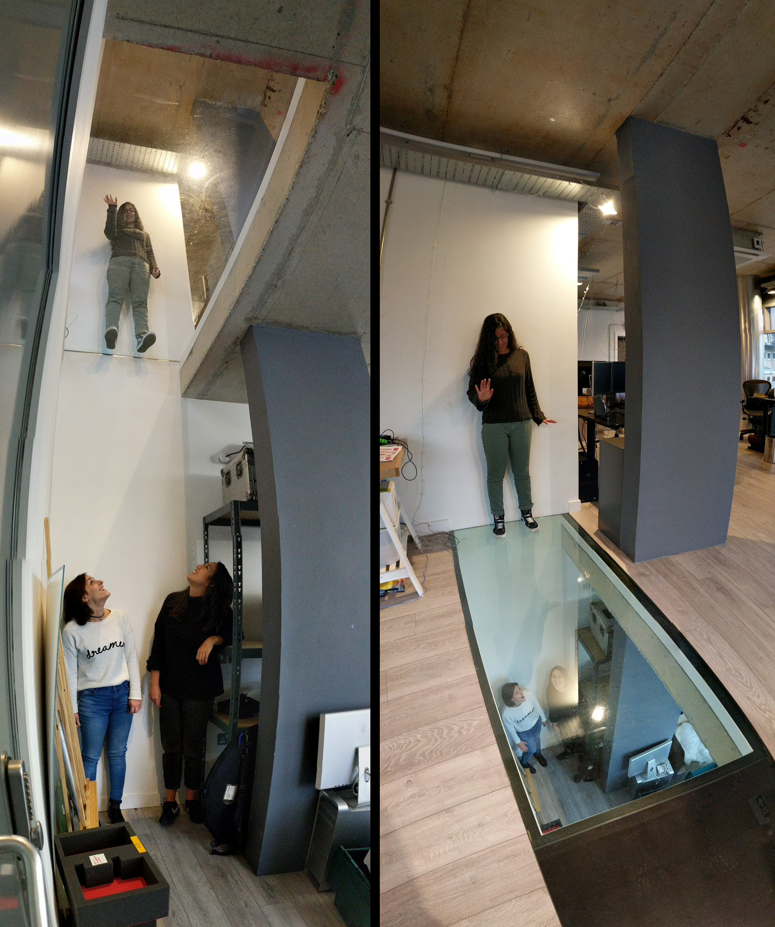 Team FW stand in the space which the video wall will occupy to give a sense of scale.