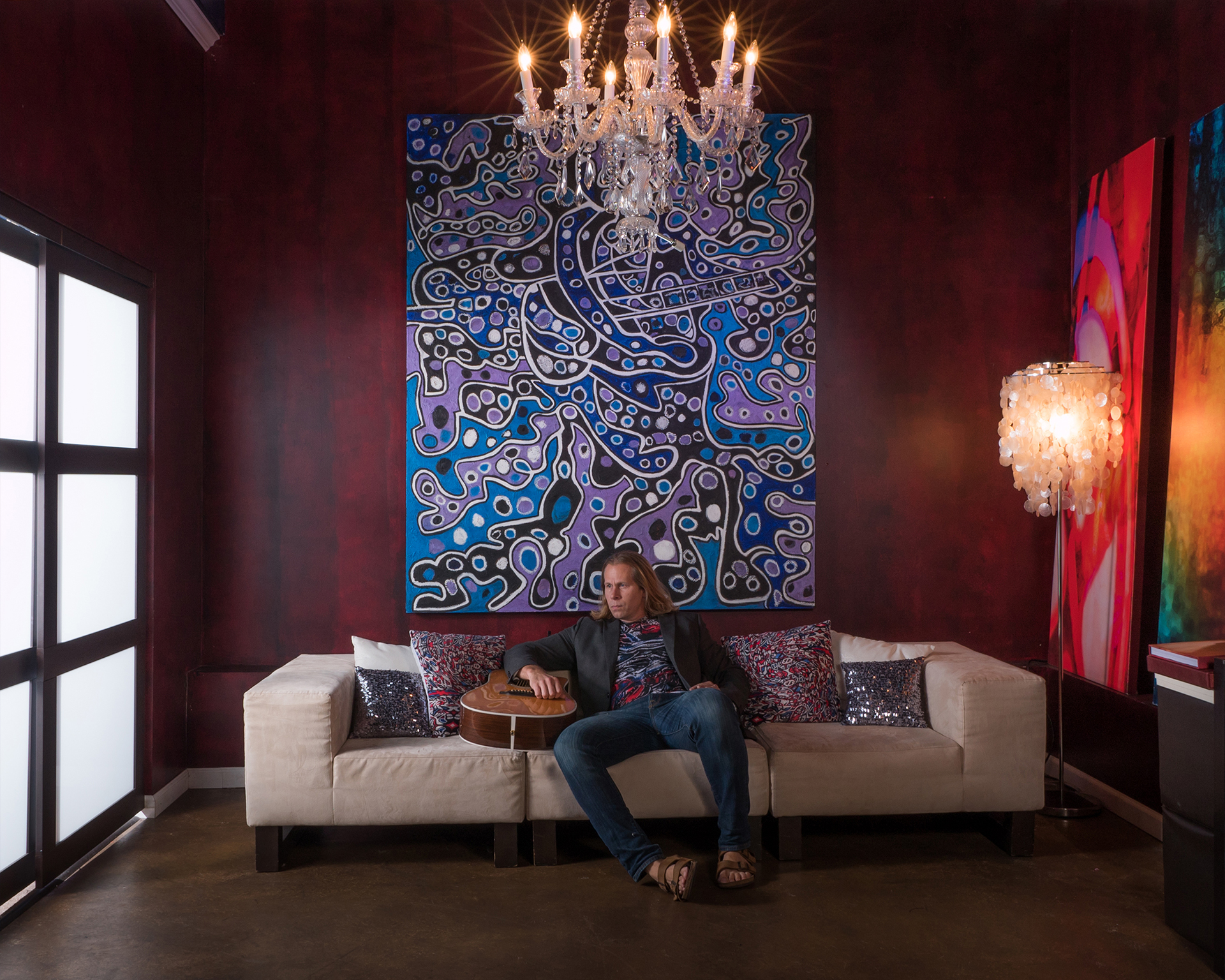 Charles in the Photo Studio with his latest 6x7 foot painting.