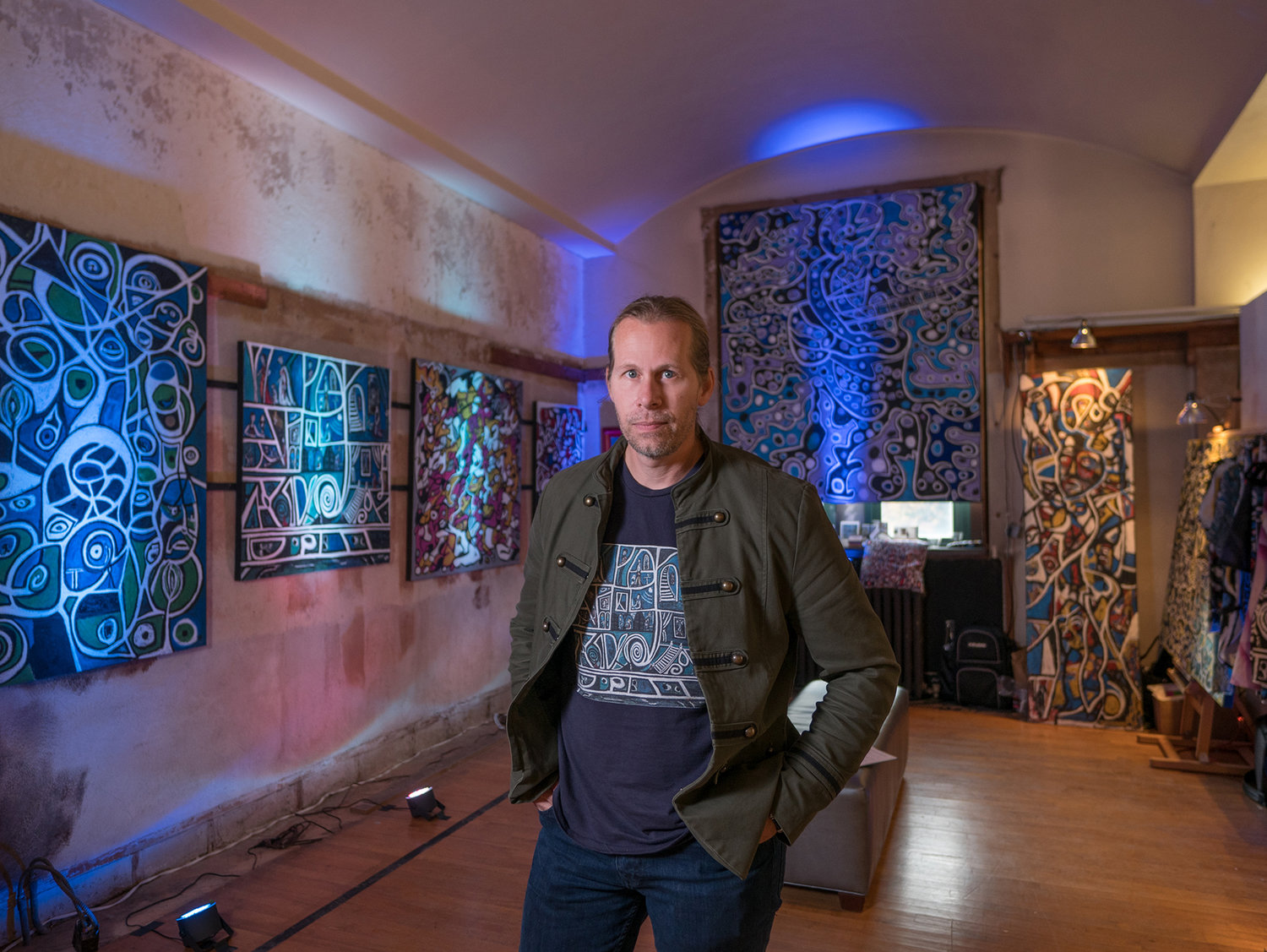 Artist Charles Maring aka CHARLEE in his exhibition space at City Wide Open Studios Armory Weekend hosted by ArtSpace New Haven.