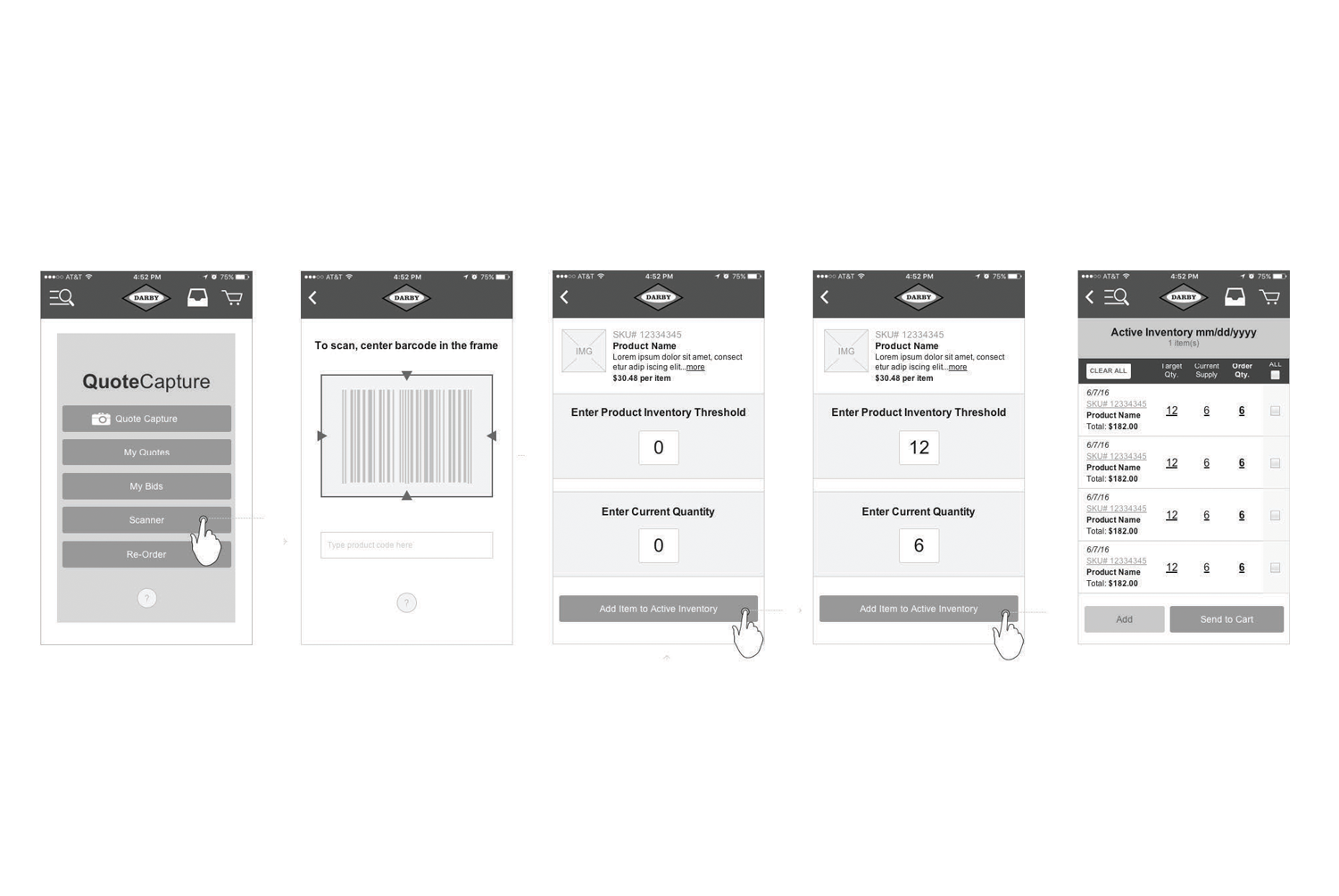  Axure wireframes of "scan to inventory" flow 