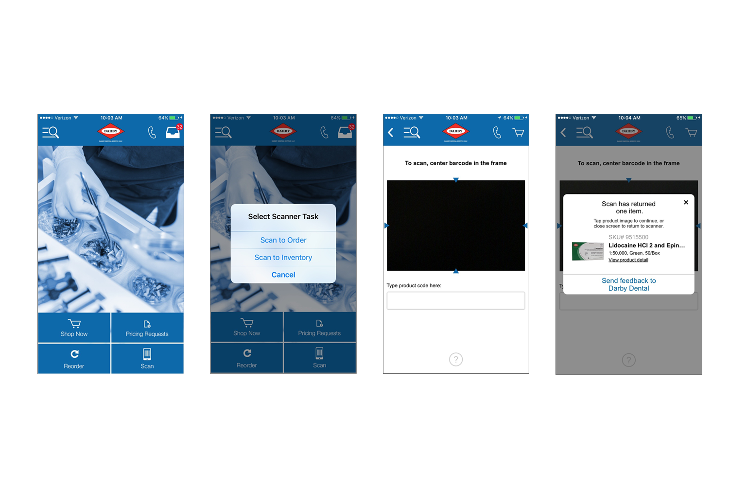  Final screens (Home screen, Scan modal, Scanner, Captured product from scan) 