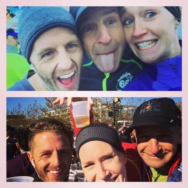 Before (top) - Waiting in our coral for the race to begin looking cold but excited. After (below) it was all over with celebratory beers in the sunshine courtesy of the Route 66 race sponsors. Cheap beer never tasted so good! Family bonding pre and post run.