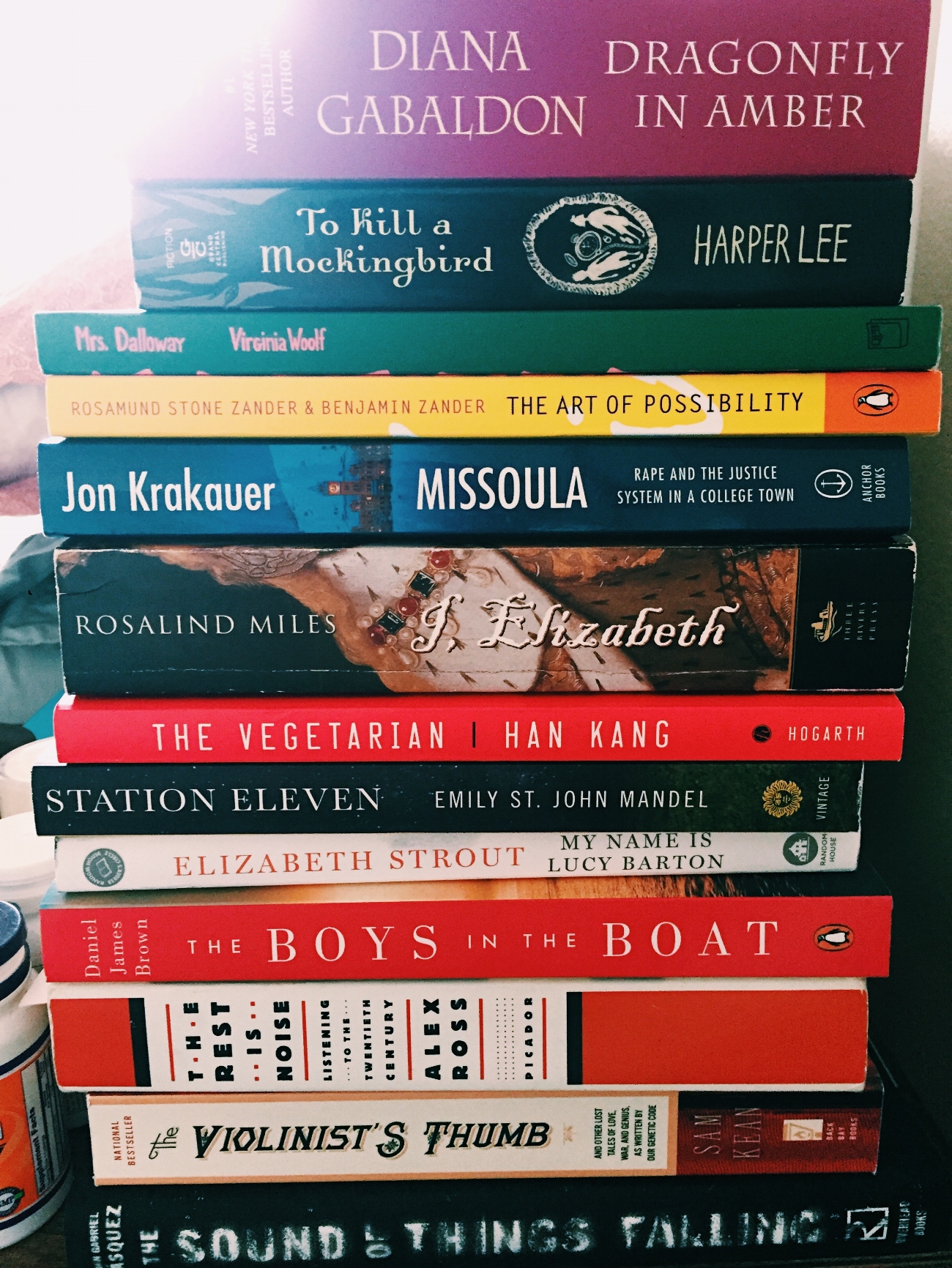 I read 4 of the 13 books pictured here. Not pictured are the books my neighbors, family members, and friends leant to me or gave to me that I just had to read as fast as I could.