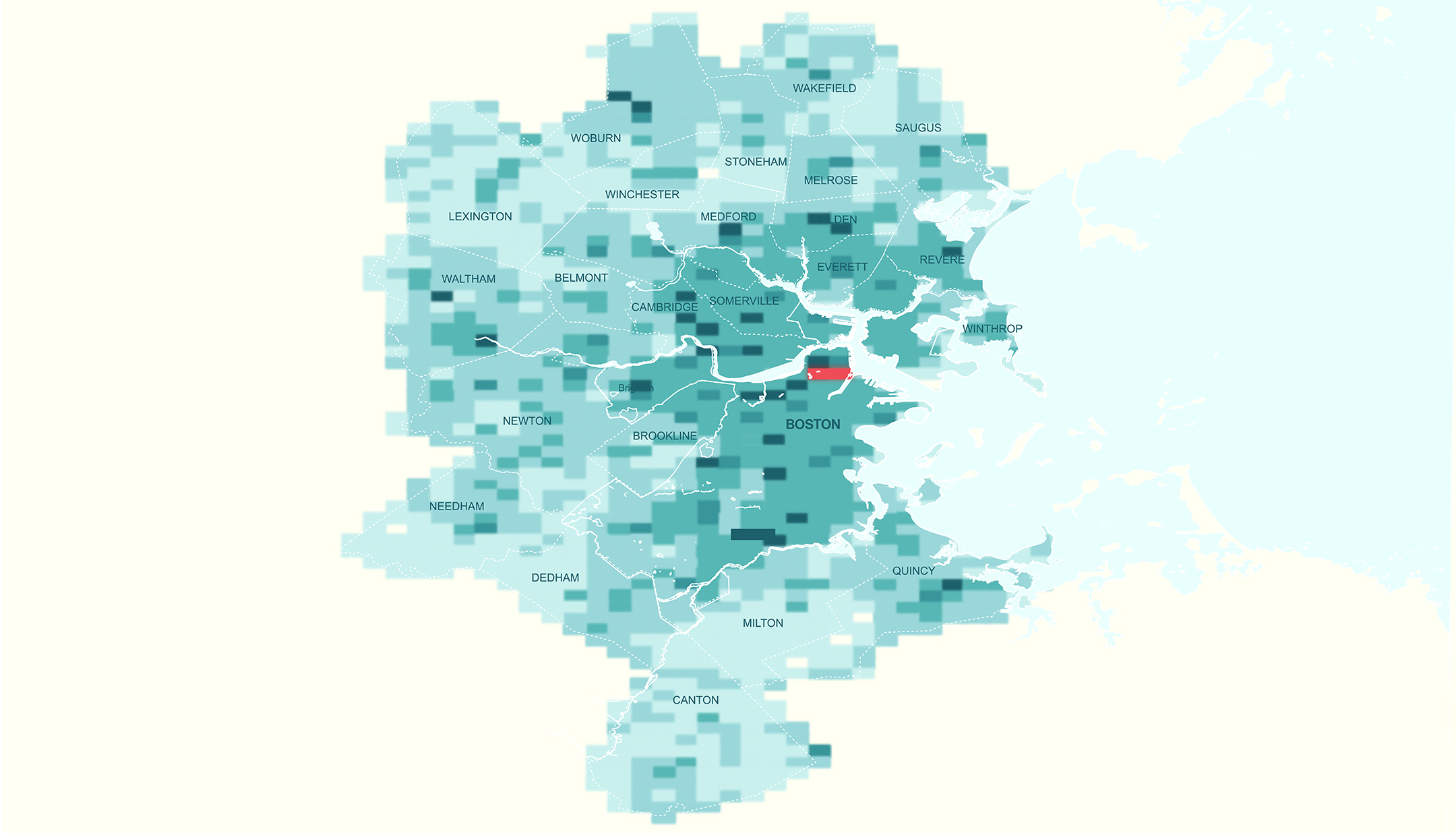 Data usage map showing the "reach" of Downtown Crossing, Boston visitors.