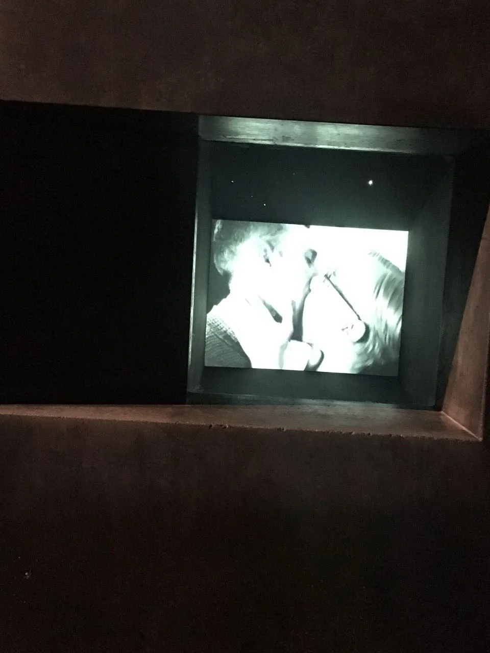 A stolen kiss in the park. Across the street Michael Elmgreen and Ingar Dragset's " The Memorial to the Homosexuals Persecuted under the National Socialist Regime " plays footage of what was once a forbidden act. 