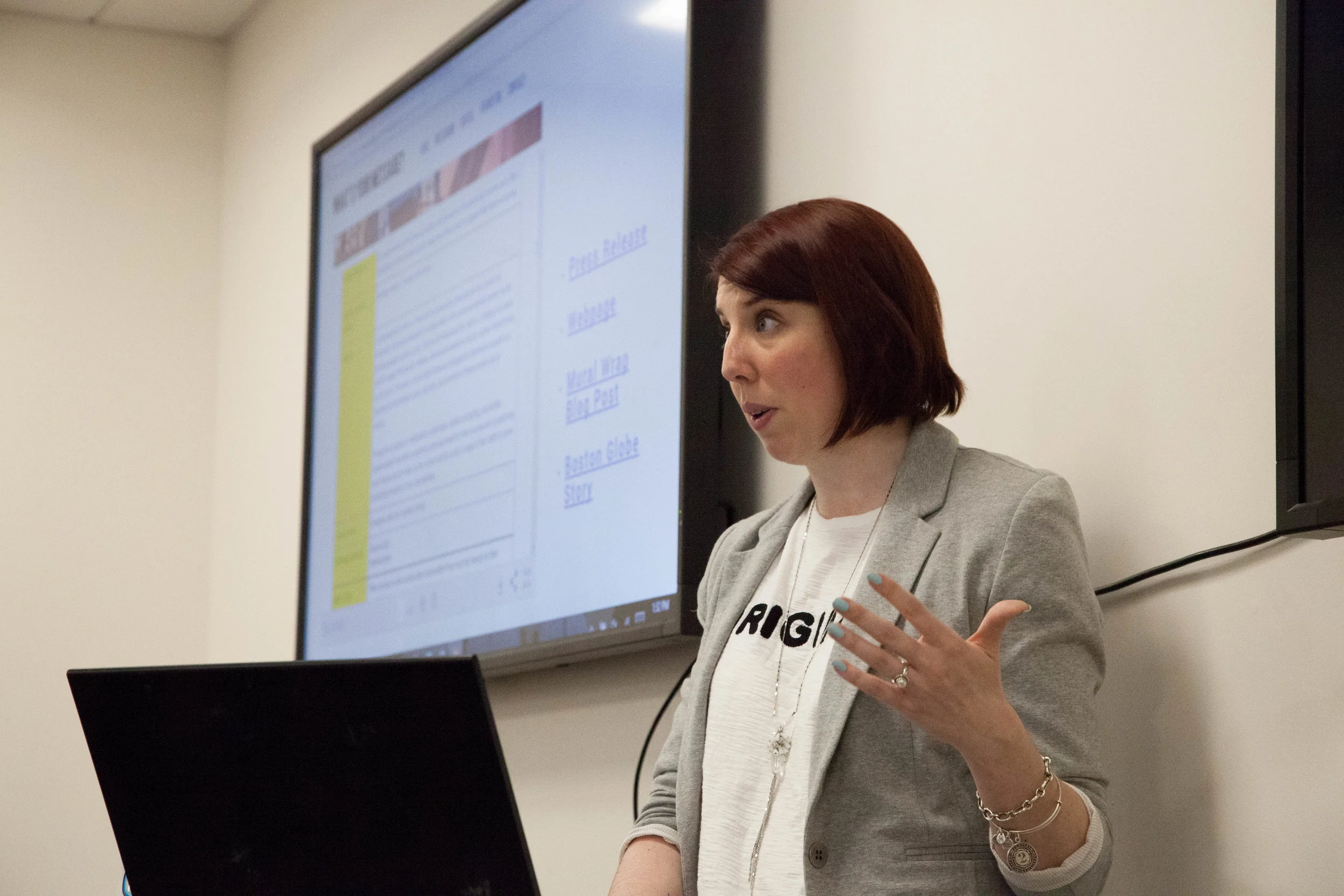 Mary-Liz Murray presents a messaging rubric at the multi-cohort messaging meeting on April 13, 2018.