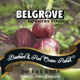 BEETROOT & RED ONION RELISH With sweet red onion and scrummy beetroot, enjoy this with anything – or spoon it right onto your happy tastebuds! Ingredients: Red Onion, Beetroot, Red Wine, Vinegar, Sugar, Chili, Mustard Seeds, Salt
