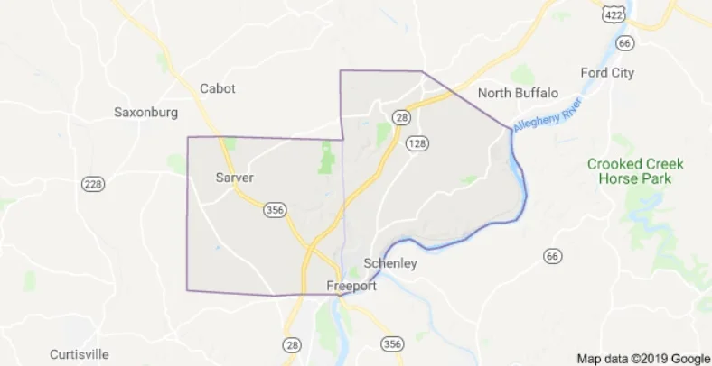 Here we see the outline of the Freeport SD, with an approximate border of the Butler/Armstrong County line, with Butler County being to the left and Armstrong County being to the right.