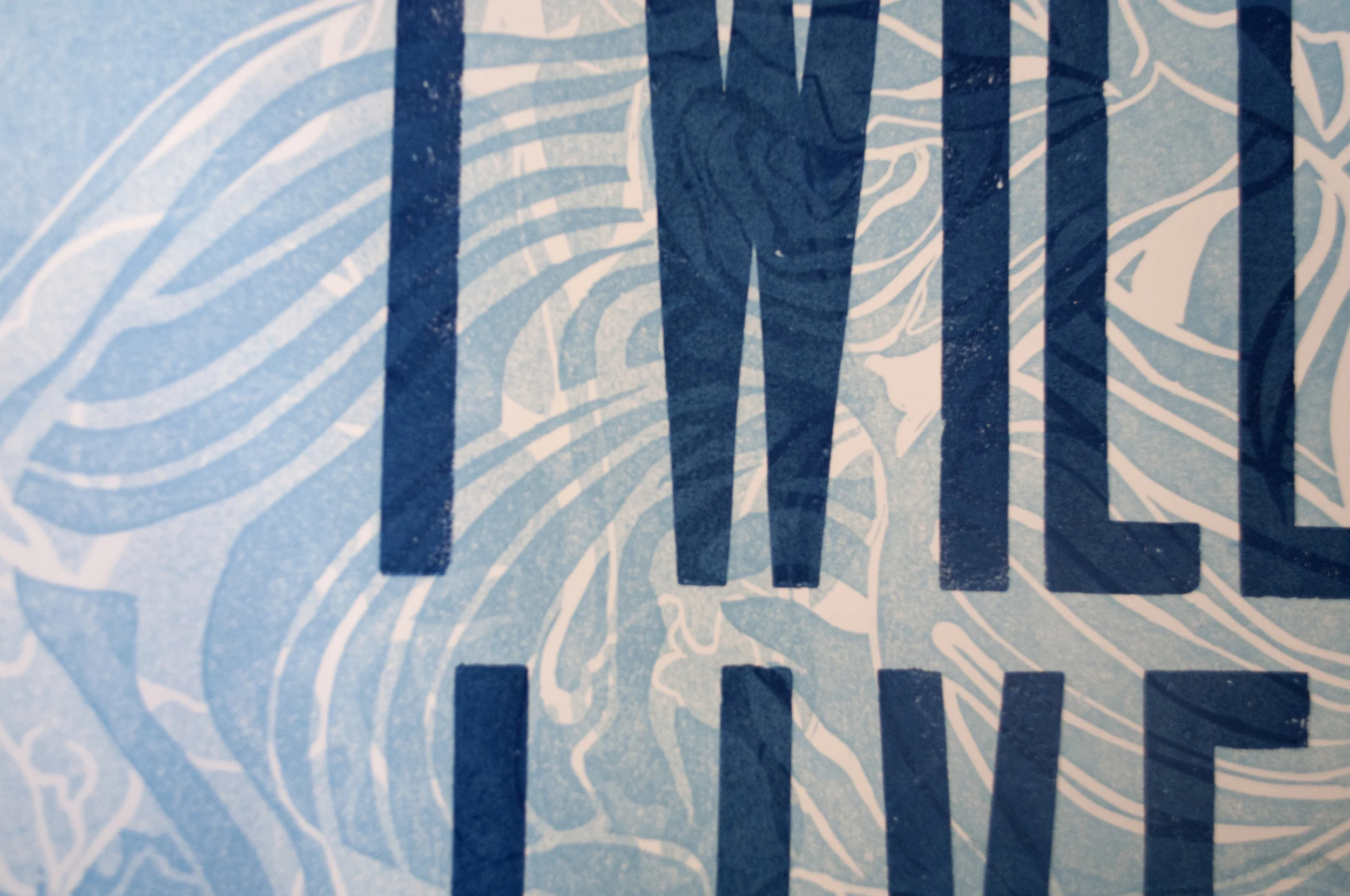 Run 1: Full ink linoleum with hand-mixed ink / Run 2: Reversed ghost of Run 1 / Run 3: Letterpress with hand-mixed ink / Run 4: Screen print with metallic gold