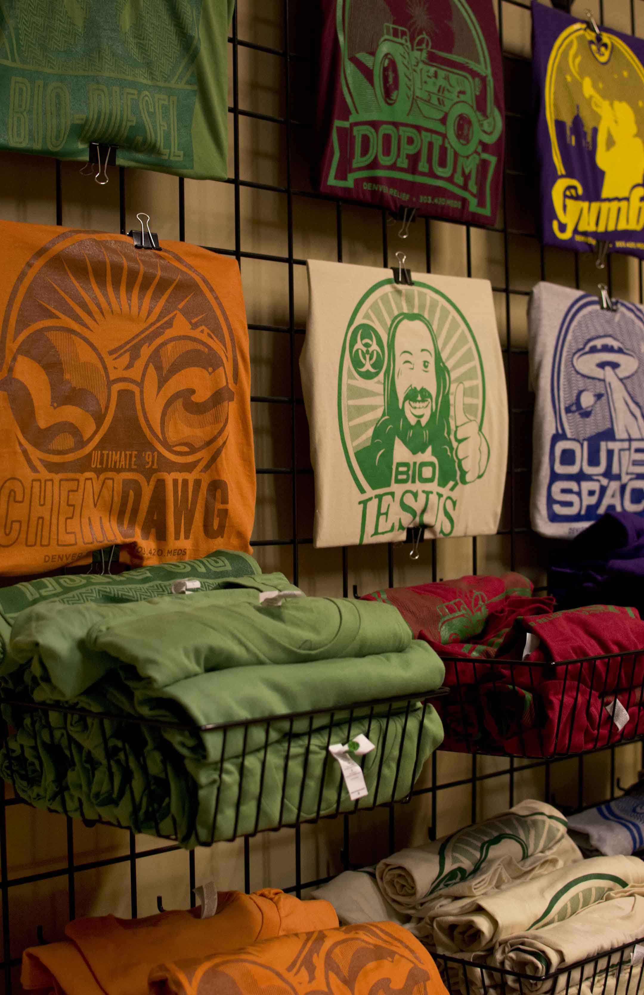 For their own signature in-house strains, Denver Relief has designed logos to go on t-shirts and stickers. My personal favorite design was the Bio Jesus. 