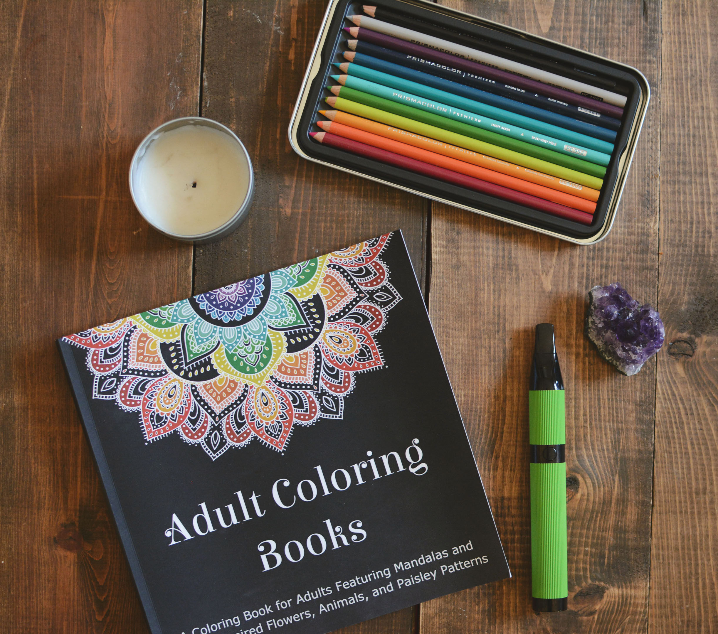 Adult Coloring Book (gifted by an amazing friend, but also found on Amazon) / Kur Candle (also gifted by same amazing friend) / Prismacolor Colored Pencils / Amethyst from Friends NYC / CloudV Phantom Herbal Vaporizer