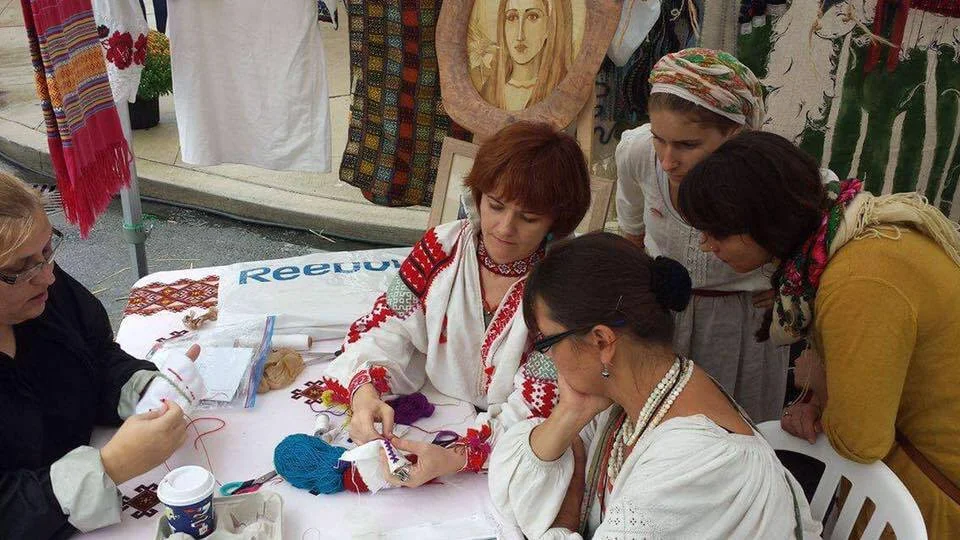 Instructor Myroslava demonstrating a traditional joining stitch at the Bloor West Ukrainian Festival 2016.