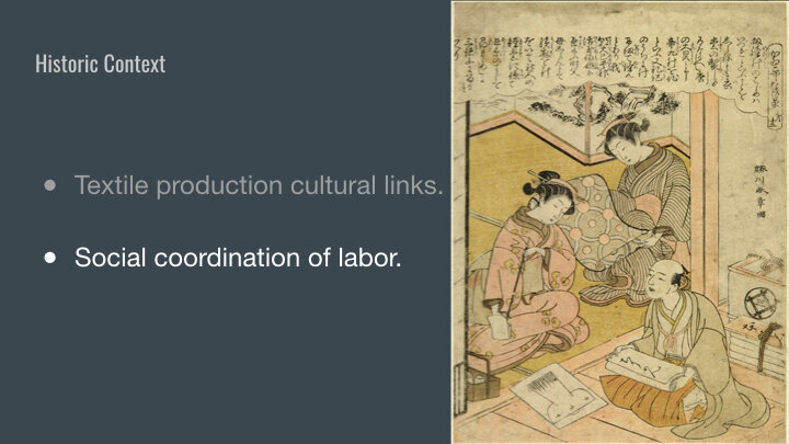 Textile production was and still is done by a Combined effort, rarely done individually. Eg: Kimono production required a network of skilled artisans. that included spinners, weavers, dyers, embroiderers, specialist thread suppliers, stencil makers