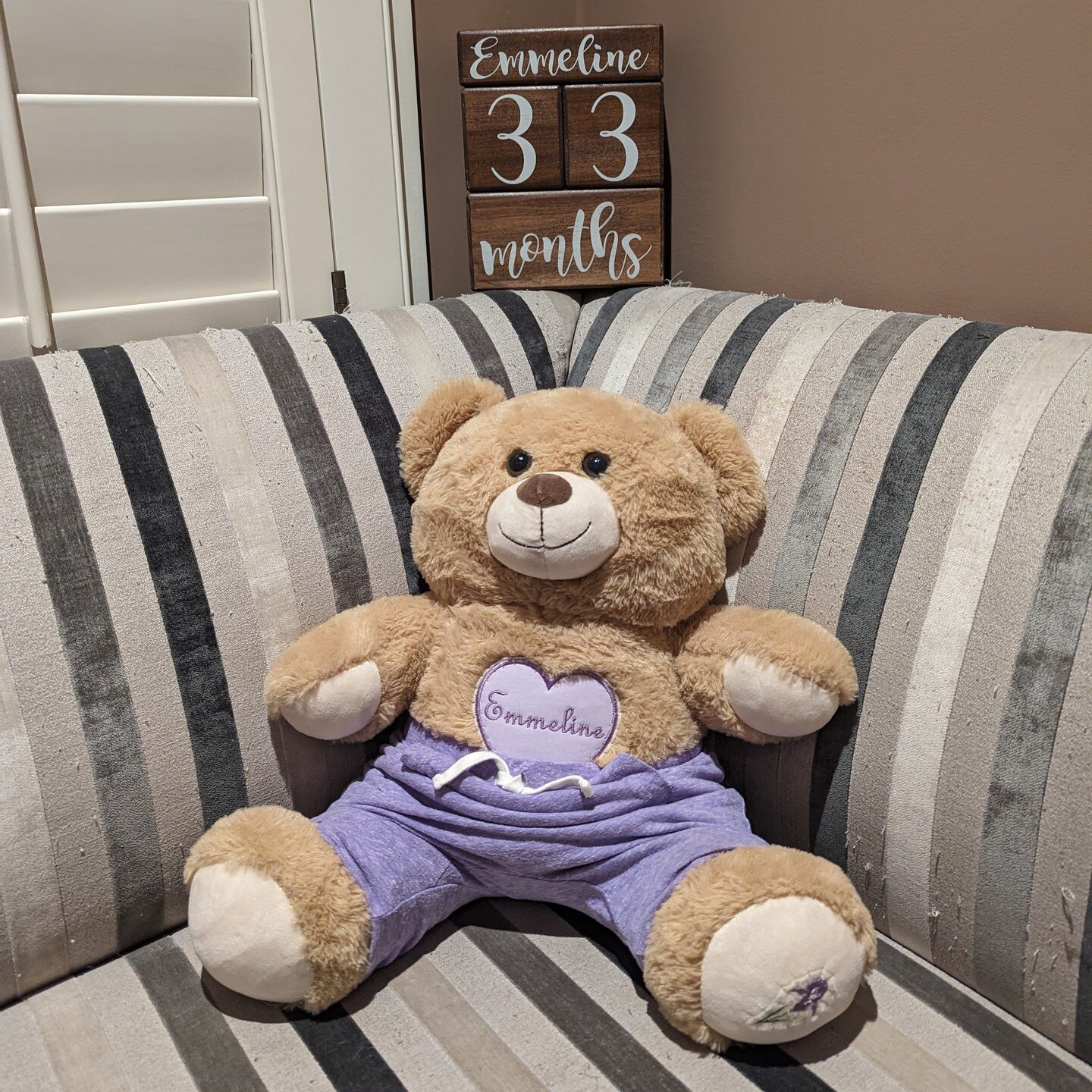 Month 33

November and December are especially fraught in our house. You should be here with our family, experiencing seasonal joy and food in our arms and at our table. Instead on Thanksgiving your bear joined us from afar, perched on the buffet, st