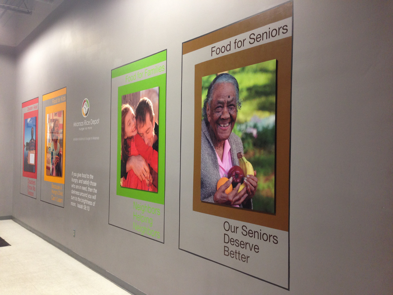 The one "pretty wall" in the entire facility. The Arkansas Rice Depot is about function over form from start to finish. They use this wall to tell their story and bring visitors up to speed on current programs and goals.