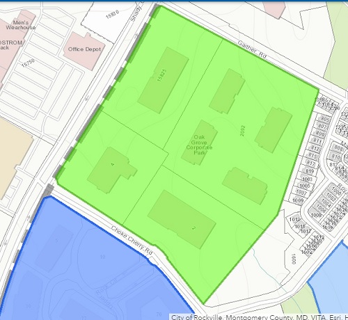Current buildings on the site of the proposed Shady Grove Neighborhood Center. Map from City of Rockville website.