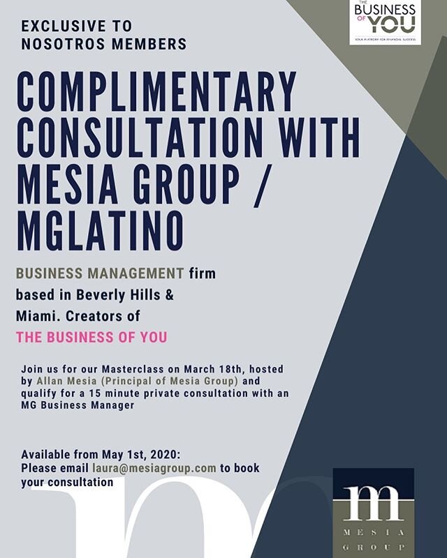 Get involved! Become a member of @nosotrosorg and gain a FREE consultation with Mesia Group/MGLatino! Simply attend the Business Management Masterclass on March 18th from 4-6pm at the Montalban Theatre in Hollywood to qualify! 💡 #morelatinosinhollyw