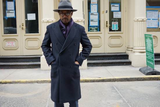 Hat by Selentino, coat and scarf by Brioni, trousers by Gant