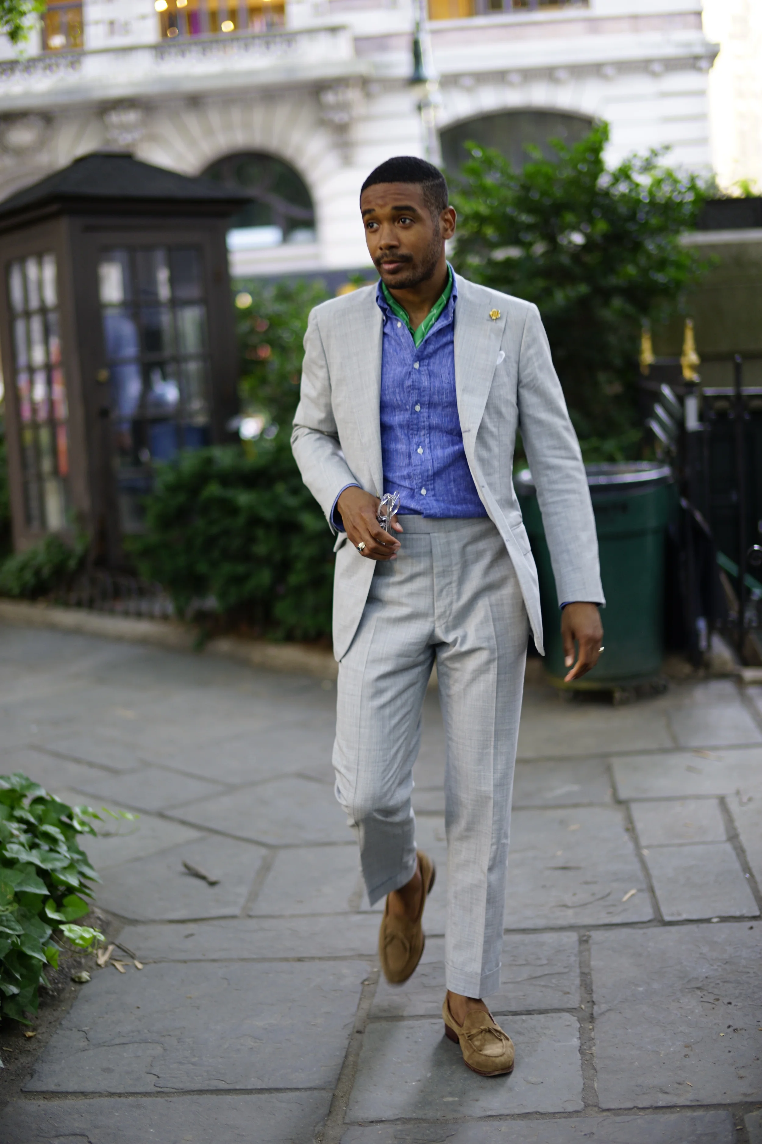 Wool/Mohair Suit by Angel Bespoke, Linen Shirt by Gitman Vintage, String loafers by Meermin, gold rose lapel pin By Elias, frames from SEE Eyewear