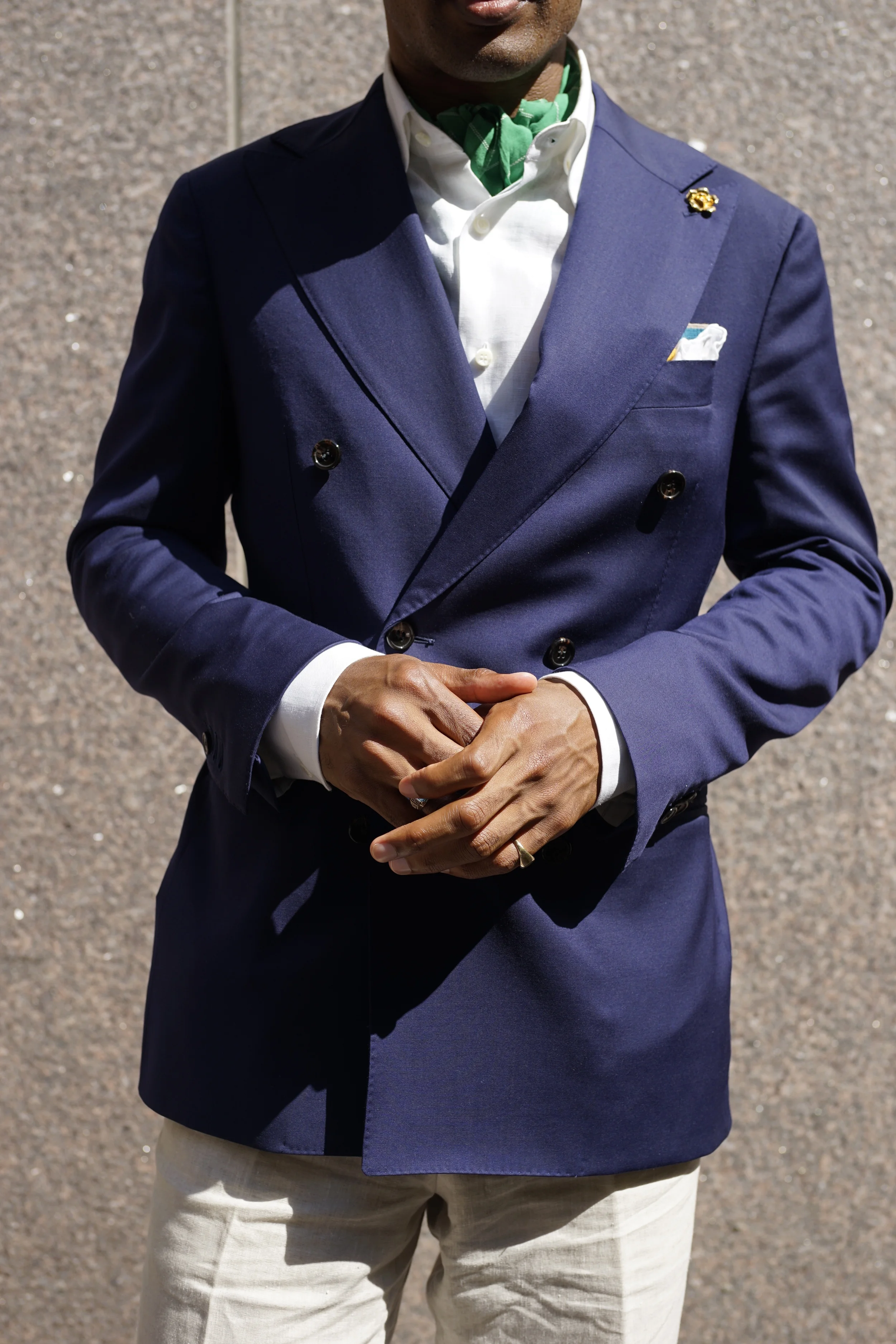 Jacket: Suit Supply, Shirt and trousers: Brioni, Neckerchief: vintage from my mother's scarf drawer, Pocket eyeglass holder: Caruso, Rose lapel pin: By Elias