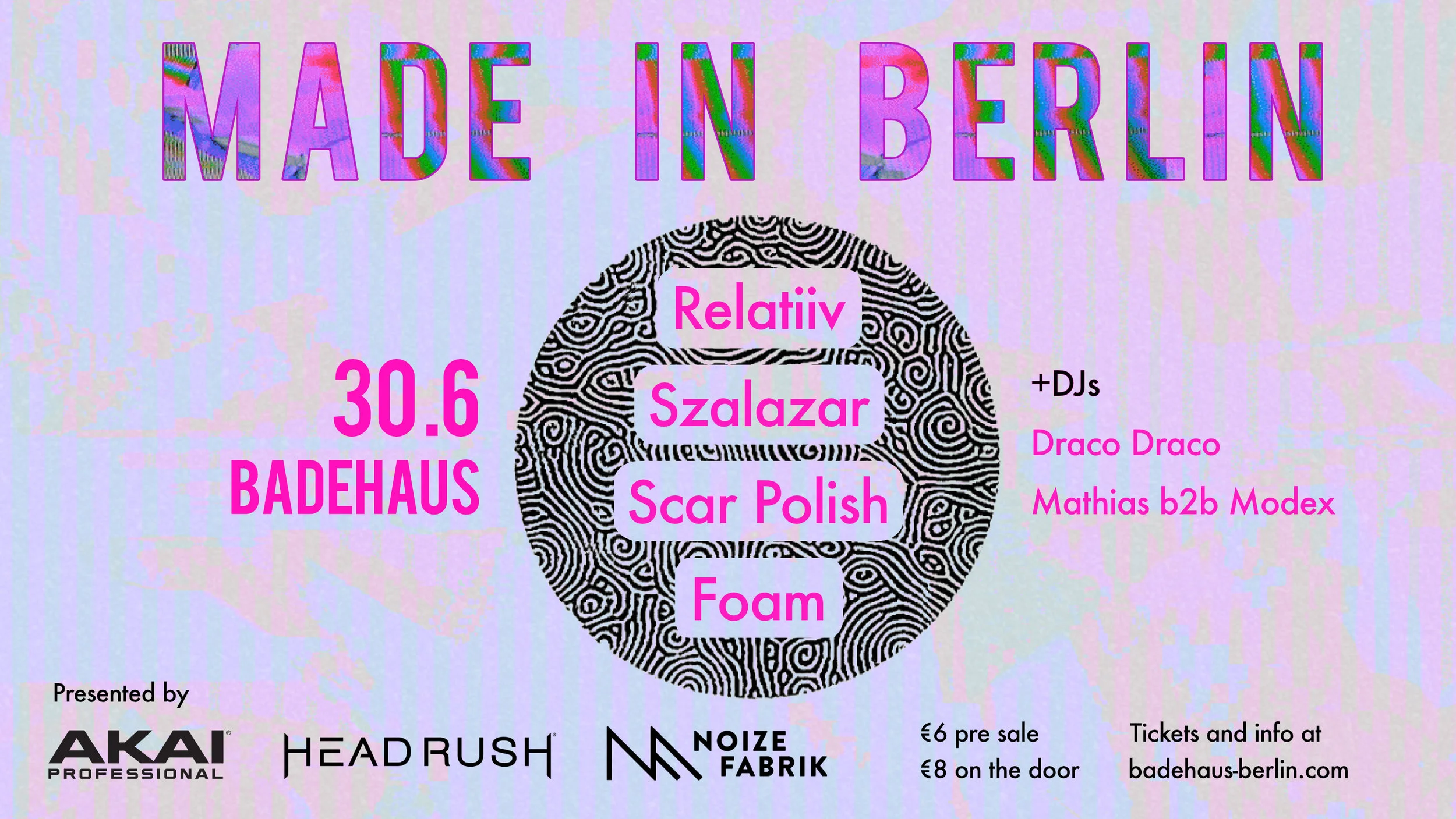 Akai Professional x HeadRush , in collaboration with Badehaus Berlin and Noize Fabrik , present ‘Made in Berlin’, an evening of musical exploration and talent showcase, featuring multi-genre live acts and DJs - with truly established roots to Berlin's thriving musical culture. Saturday - 30th of June, 8PM - 6AM Badehaus Berlin, (auf dem RAW-Gelände, Zugang Höhe Simon-Dach-Str.), 10245 Berlin LIVE: Scar Polish (UK) Foam (EC/CAN) RELATIIV (CAT/DE) Szalazar (PT/UK) DJ sets: Sunday Club Matthias & Modex (IT/DE) /////// SCAR POLISH Berlin-based Scar Polish, moniker to British-born Robin Fisher, is the final product of a transition phase. Combining an indie rock upbringing with the inclusion of deranged electronics, Scar Polish takes a new musical leap into dream psychedelia, gritty sampling and ethereal soundscapes, yet keeping it playful, personal, lo-fi to its fullest and, most importantly, doing DIY justice. https://soundcloud.com/scarpolish/ https://www.facebook.com/scarpolish/ FOAM Inspired by Hans Christian Andersen's dark tale of the little Mermaid, Ecuadorian-born musician Miche Moreno left her life in Canada for Berlin in order to create little melodies of the heart and recount stories of heartache and the human condition. As Foam, her project and music becomes a manifesto of the human ability to change and adapt as a mean to survival, dissolving into sea foam as the waves are perpetually created into destruction. http://foamsound.com/ https://www.facebook.com/foamsound SZALAZAR Bonded by a mutual love of bombasticity, Berlin synthpop duo Szalazar blends upbeat electronic optimism and dreamlike atmospheres with a darker, brooding undertone. Szalazar is a tapestry of anxiety, euphoria and delirium; as beautiful as it is brutal. https://soundcloud.com/szalazar https://www.facebook.com/sszalazar/ RELATIIV Born out of improvisational sessions with honesty at its core, Catalan-German band Relatiiv found in Berlin a common ground and a passion for nu-soul and downtempo hip hop beats. As the creative process is repurposed into a collective therapy, their music dives into an intersection of electronics, soul and whispered emotion, represented as their true creative and mindful expression. https://soundcloud.com/relatiiv https://www.facebook.com/relatiiv/ SUNDAY CLUB Sunday Club is group of five friends based in Berlin who want to share a collective Sunday experience with cool people who like cheesy house records, cinnamon rolls and love. Bound together by weirdness and kindness in equal parts, they began a thorough investigation into the best way to spend Sundays. After a long, arduous winter of research, the solution had been found: “cinnamon rolls and weird music and lots of dancing.“ https://soundcloud.com/sundayclubberlin https://www.facebook.com/sundayclubberlin/ MATTHIAS & MODEX Matthias & Modex, are the two founders behind the newly established Berlin based collective Foundation. They share a highly eclectic style ranging anywhere from old school breaks with hip hop influences as well as trance and techno with more complex forms of synthesis. The mood in their sets yet still maintains a common essence throughazout the various genres presented, ultimately showing their own imprint. https://www.facebook.com/foundation.nasty/ https://www.facebook.com/xemod/