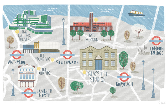 Illustrated map for Glasshill Studios London.