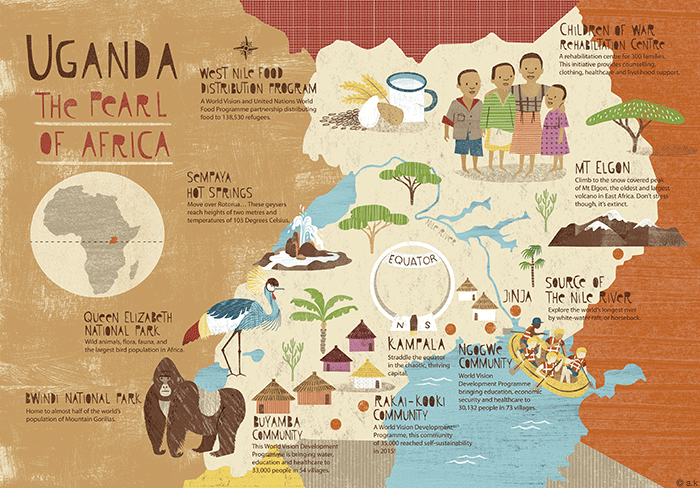 Map of Uganda created for World Vision New Zealand. Published in 'Bit by Bit' magazine. 