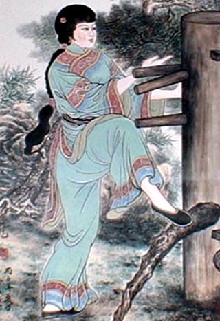 An artist's depiction of Yim Ving Tsun training on a Muk Yan Jong.