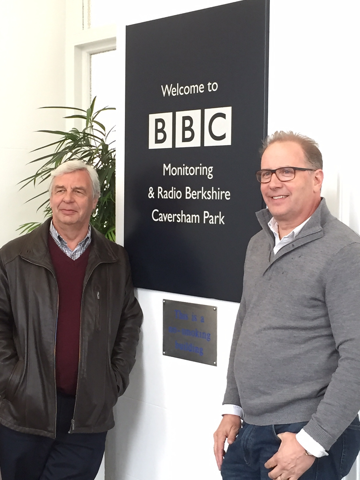 Producer John Castell and Playwright Scott Wright at BBC Berkshire, Caversham Park, after their 14 May 2015 'live' interview about the play with BBC's Lynn Parsons.