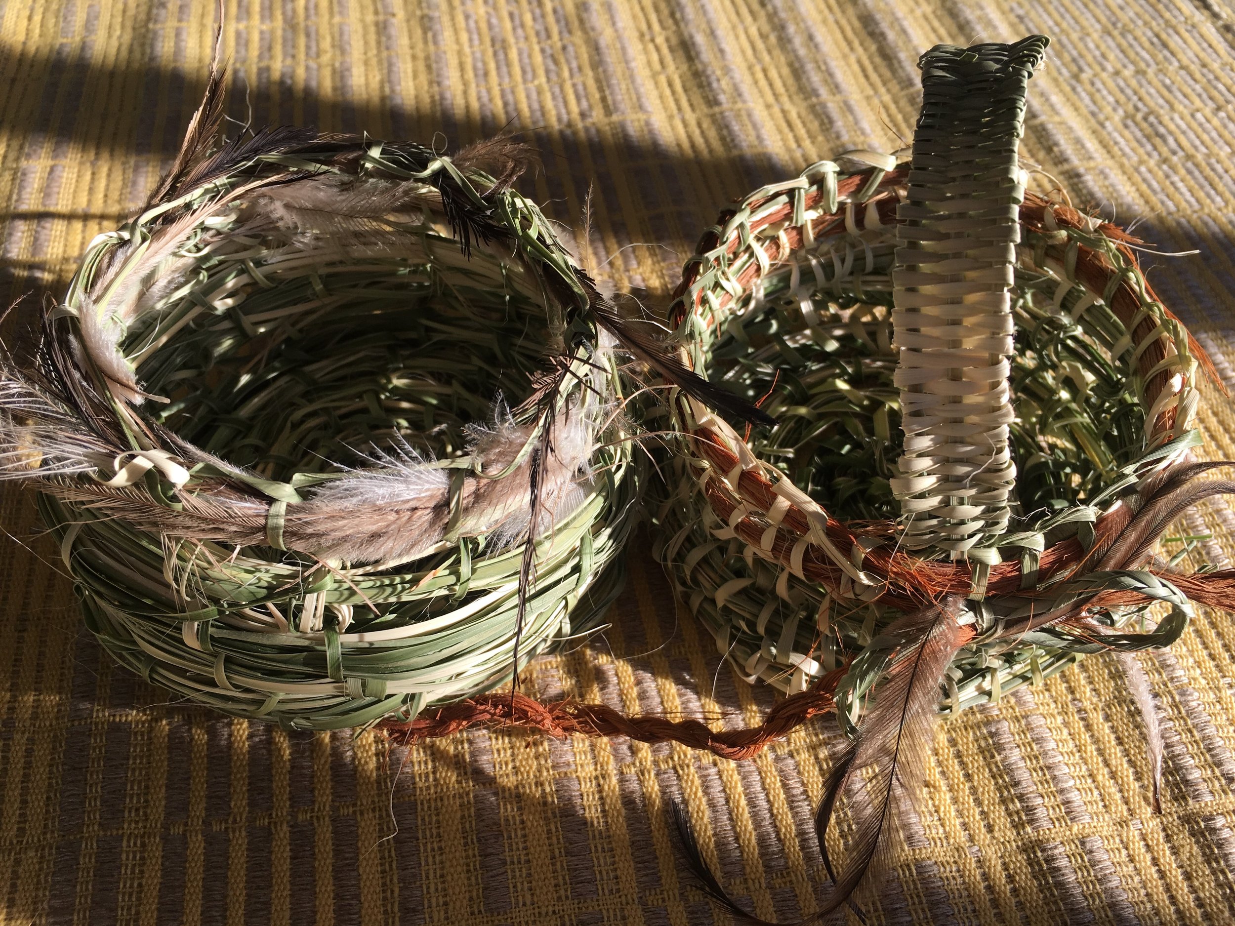 Australian Aboriginal weaving technique baskets on Latvian linen runner. That’s my life! :)