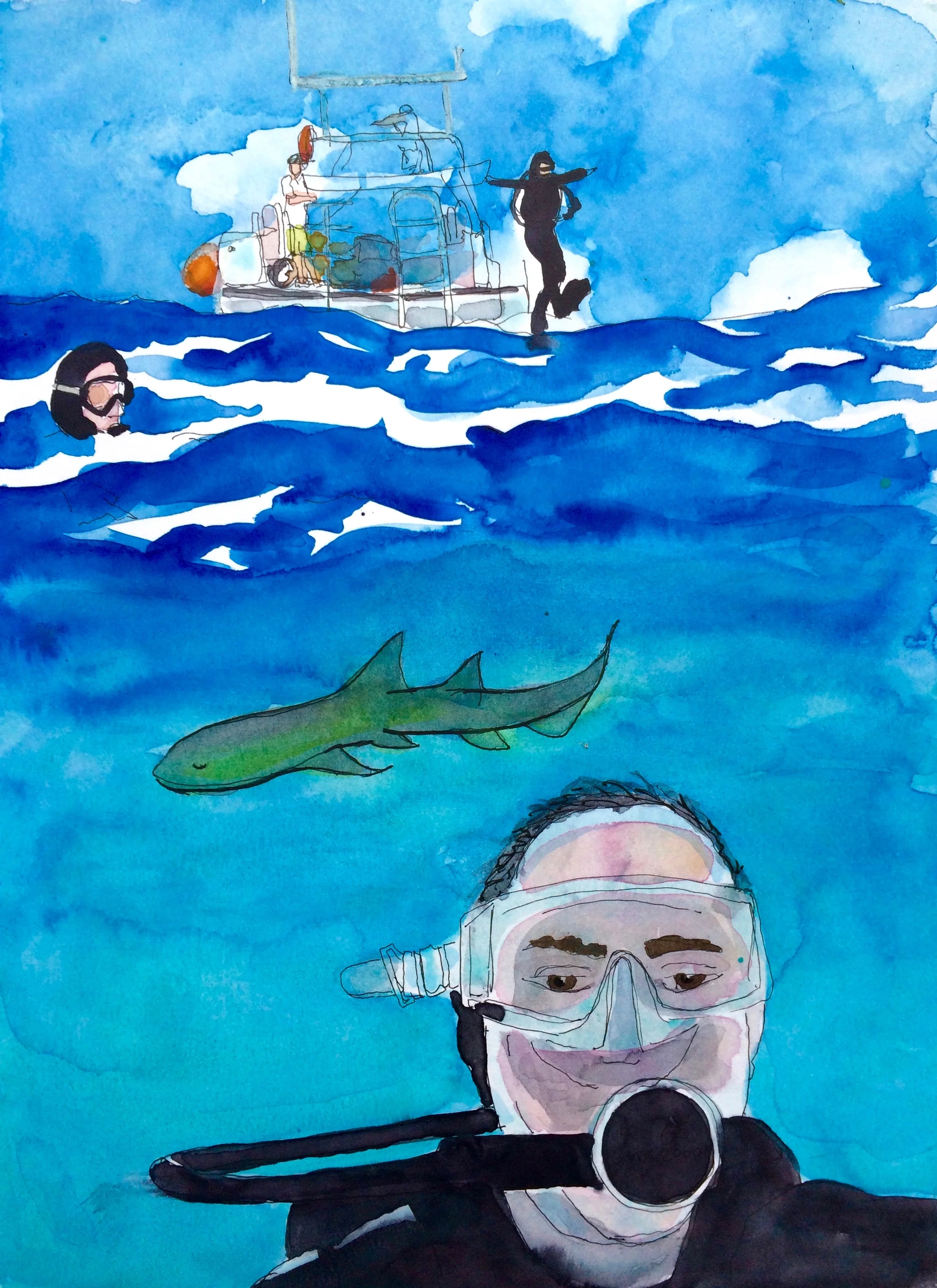 I don't dive but Dave does, as do Joel and Drew. Diving was a big part of the trip for them and I wanted to include a sketch of this aspect of our vacation. I went through Dave's photographs and created this sketch from three different photos he had taken. Yes, that's a shark.