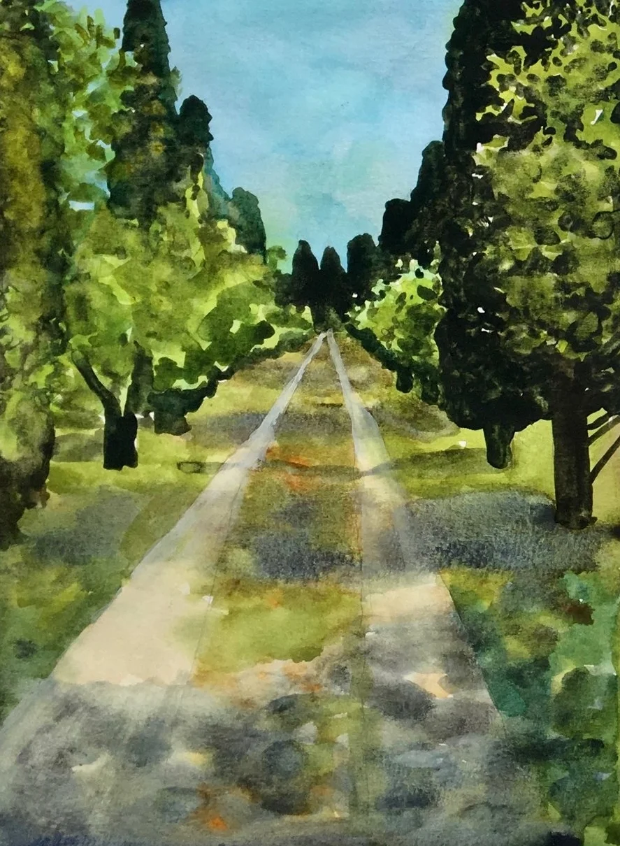 We spent an afternoon with my cousin, Gloriana, and her husband, Beppino, visiting an abbey by Lake Garda. This is the view of a path we followed, walking from the abbey to its centuries old cemetery. 