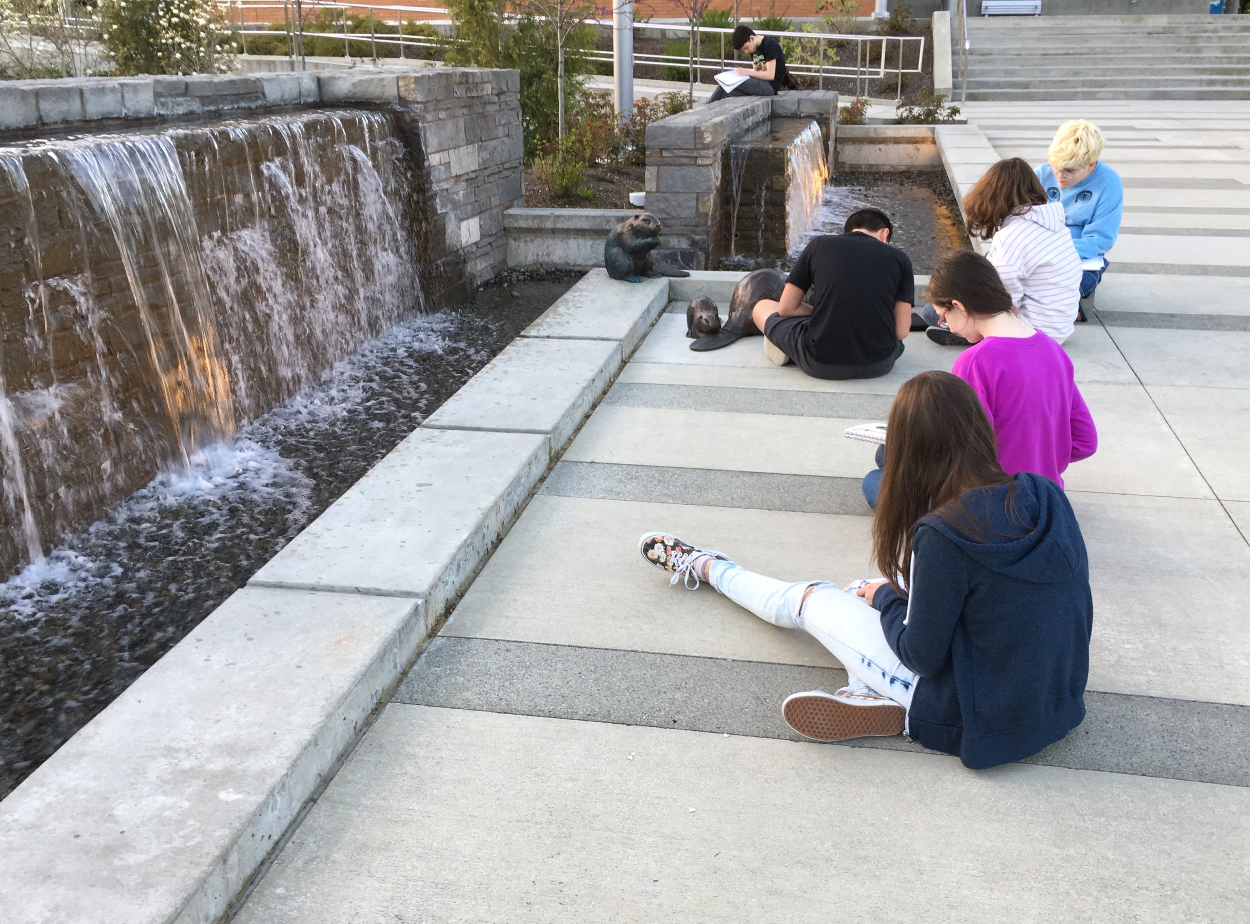 Teen Art Class sketching outside of Bothell's City Hall