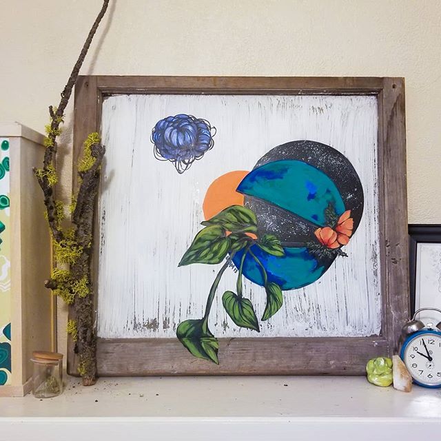 Juno's Landing, 2019. 28" x 24.5". acrylic, gouache on painted window.