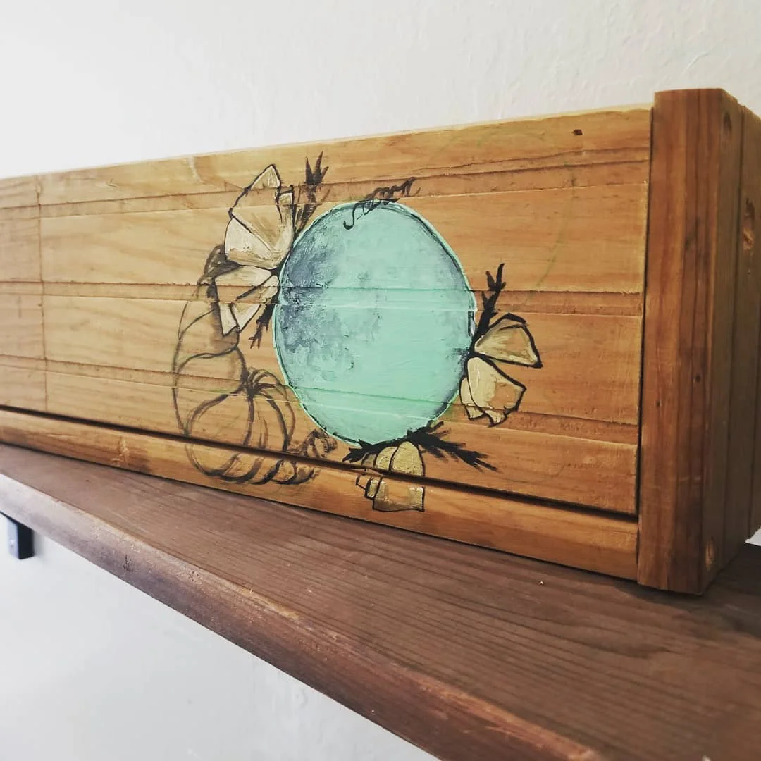 small work on a hand-made box, 2018. Obsessed with this mint green.