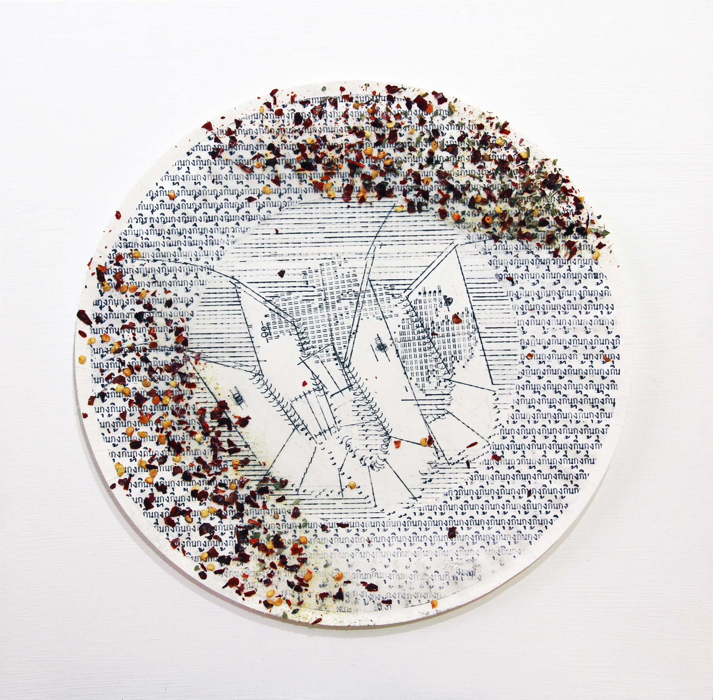 Casseroled Shrimp with Glass Noodles and Pizza Seasoning, 2015, Mixed Media (Typewriter Art) on Wood Panel, 12 x 12 inches