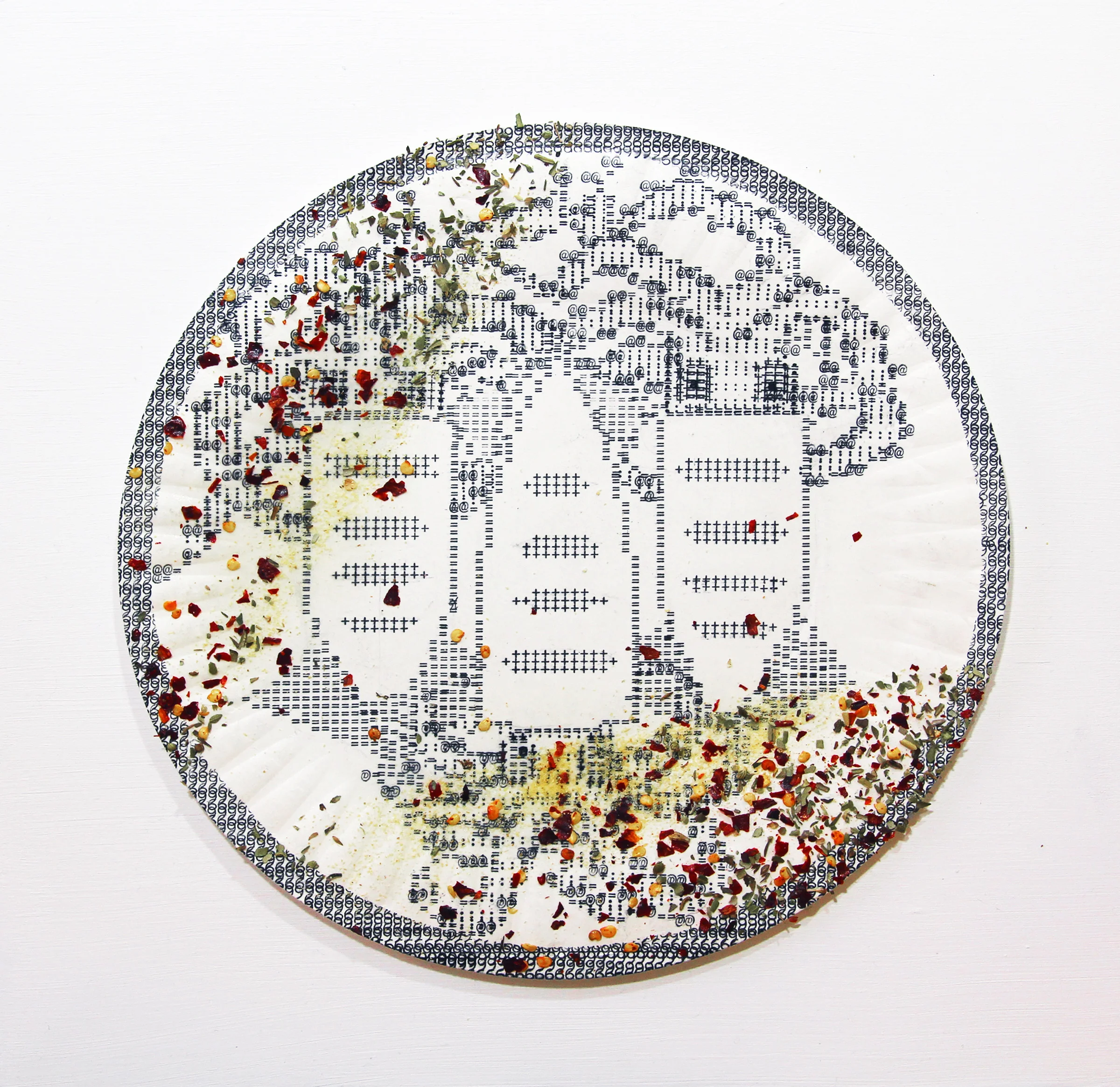 Steamed Squid with Chilli Lime Sauce and Pizza Seasoning, 2015, Mixed Media (Typewriter Art) on Wood Panel, 12 x 12 inches