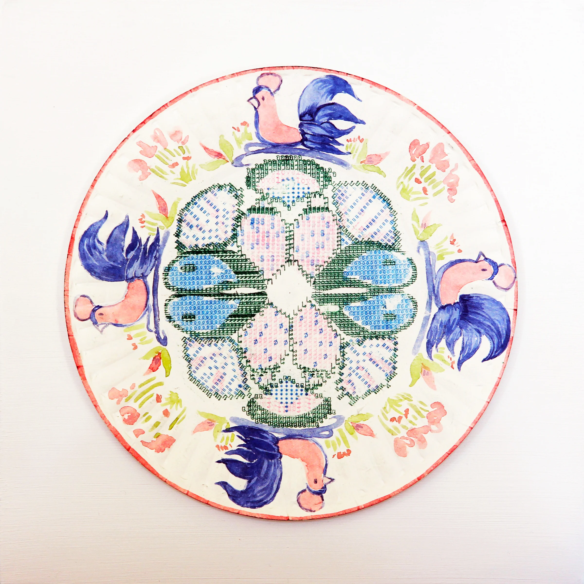 Grilled Mix Shellfish on Rooster Printed Plate, 2015, Mixed Media (Typewriter Art) on Wood Panel, 12 x 12 inches