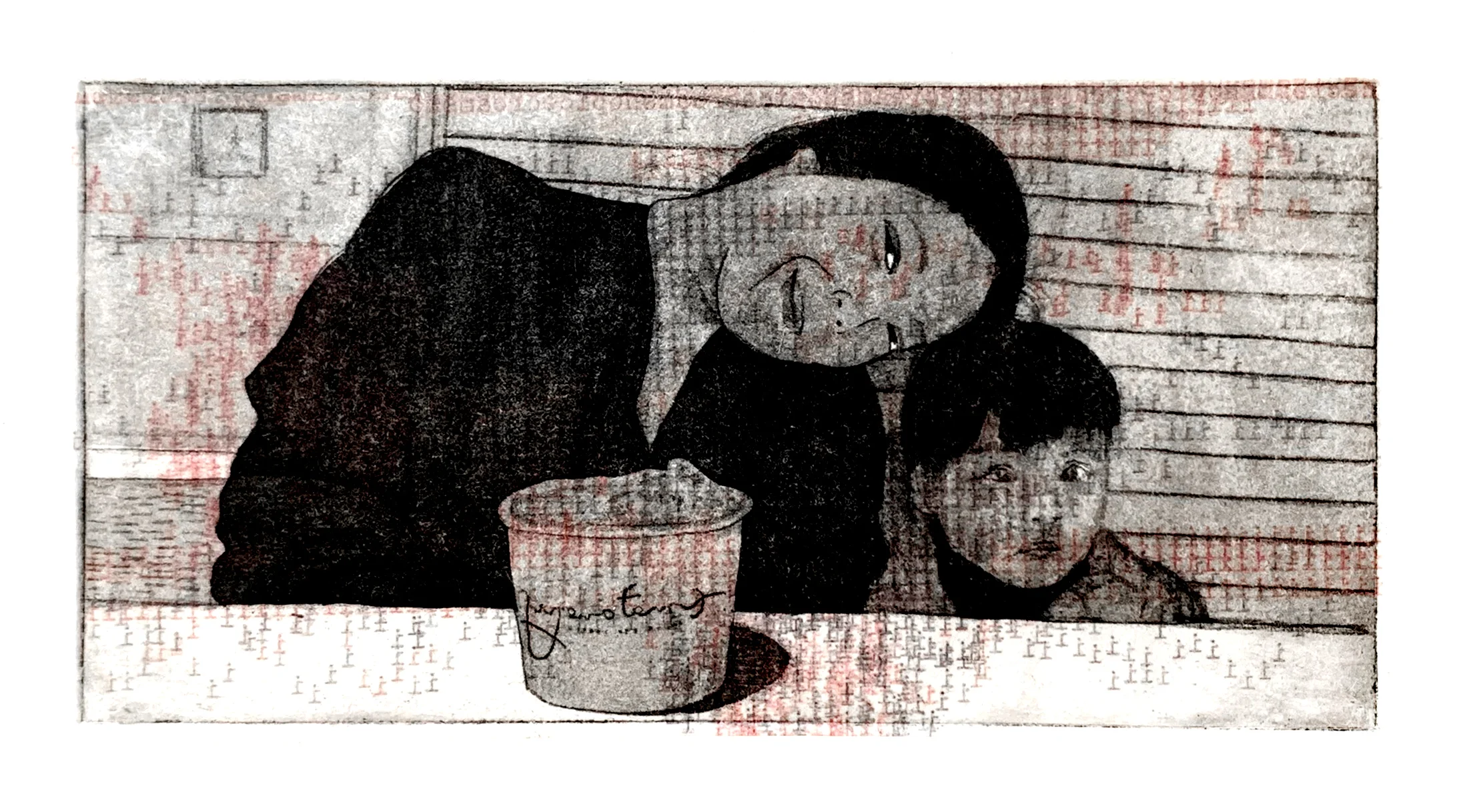 ICE CREAM TIME, 2018, Intaglio Printmaking with Typewriter Drawing Chine-Colle, 10 x 7 inches