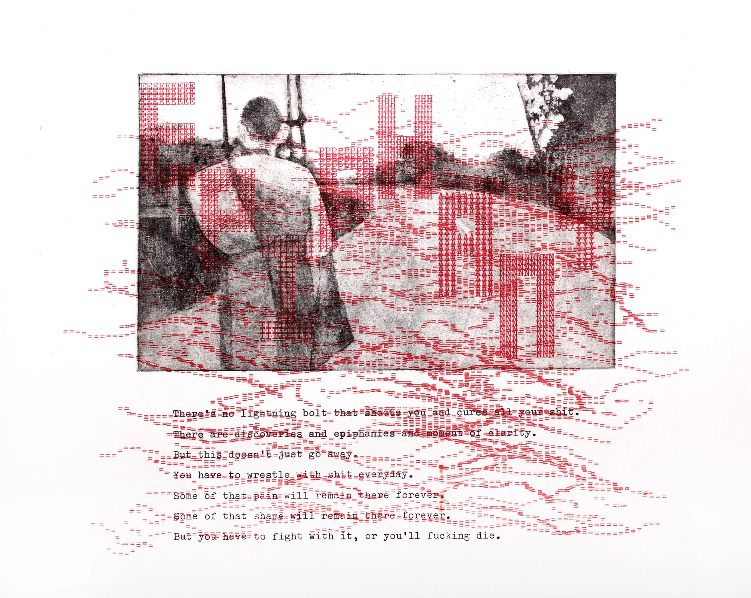 EPIPHANY, 2019, Intaglio Printmaking with Typewriter Drawing Chine-Colle, 16 x 10 inches