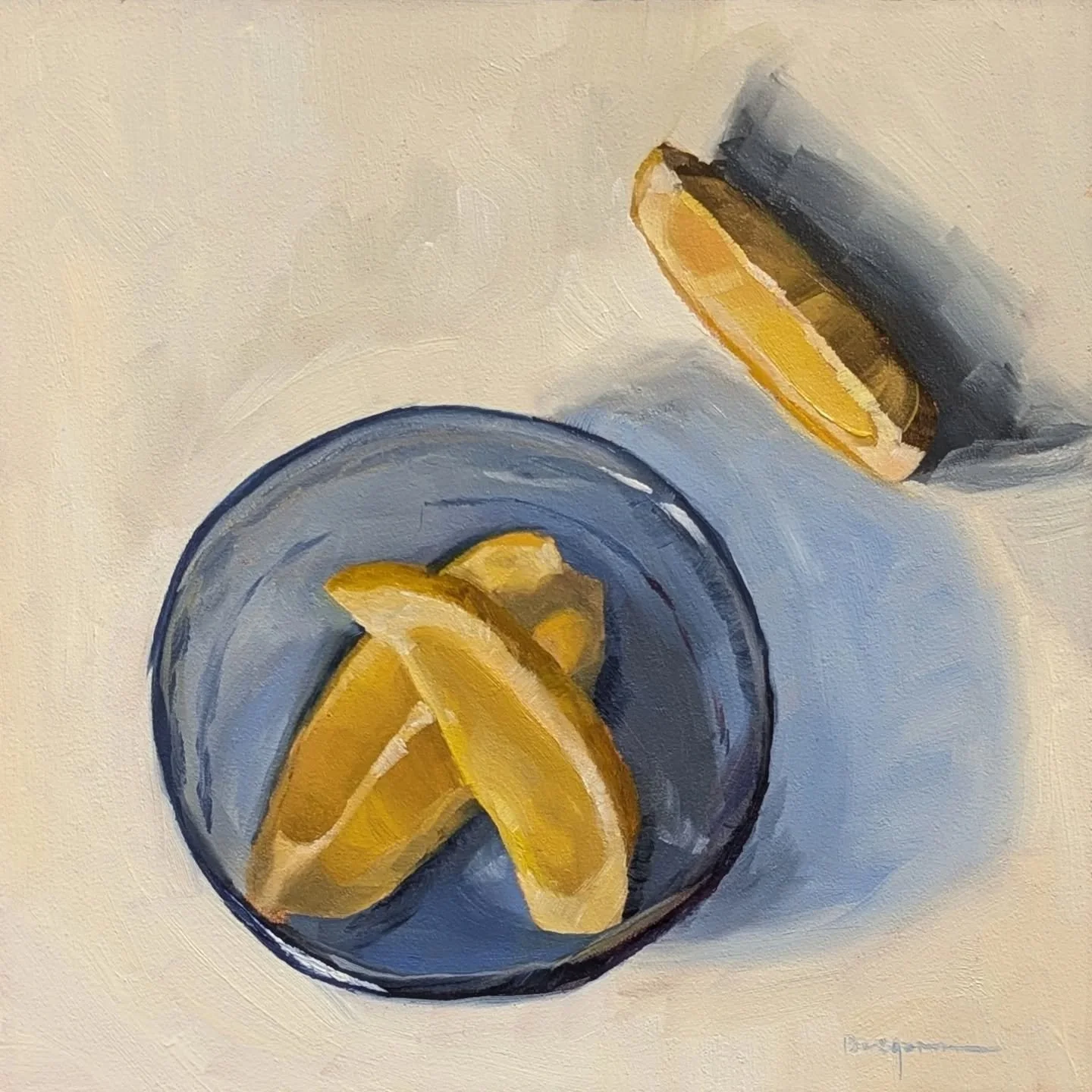 Lemons slices in blue bowl
 6x6&quot; oil on panel

#stilllifepainting #oilpaintingstudy #oilpainting #looserealism #dailypainting #lemons #glassbowl #pyrexlove