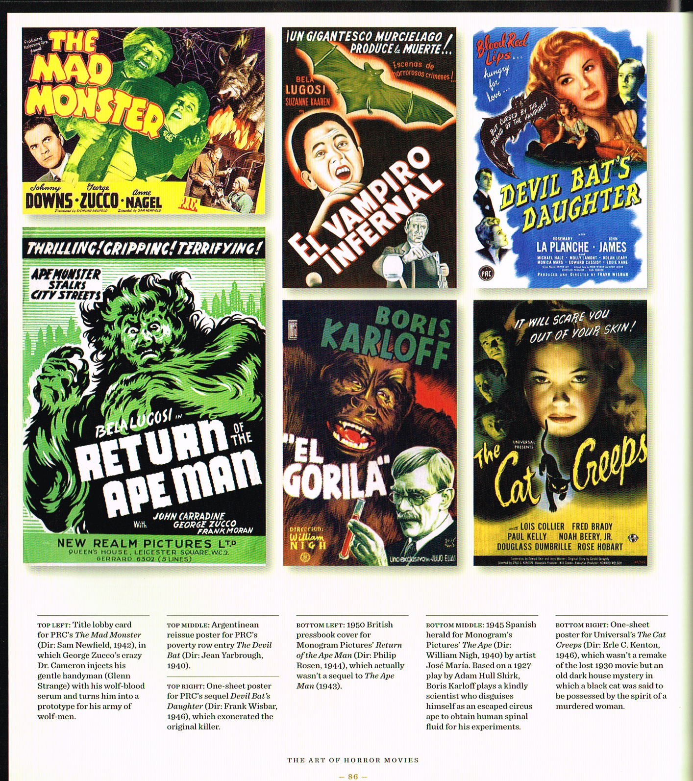 the art of horror movies,art of horror movies and illustrated history,horror movie posters,movie poster art,the mad monster 1942,the devil bat 1940,devil bat daughter 1946,return of the ape man,the ape by. jose maria 1945,the cat creeps 1946