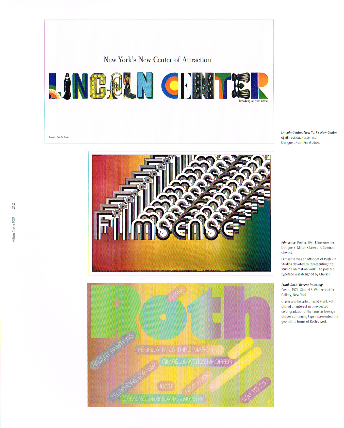 the art of Milton Glaser,pop Milton Glaser,milton Glaser art,milton Glaser poster,lincoln center poster,filmsense poster 1971,frank Roth recent pointing 1974