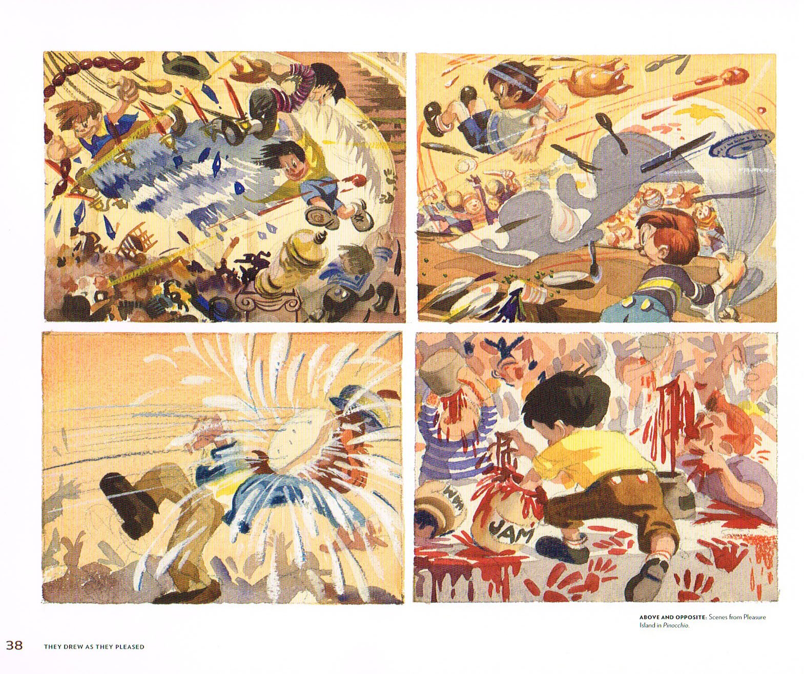 the art of lee blair,disney water color art lee blair,lee blair art,they drew as they pleased the hidden art of disneys mid century era the 1950s and 1960s,scenes from pleasure island in pinocchio,pinocchio concept art lee blair