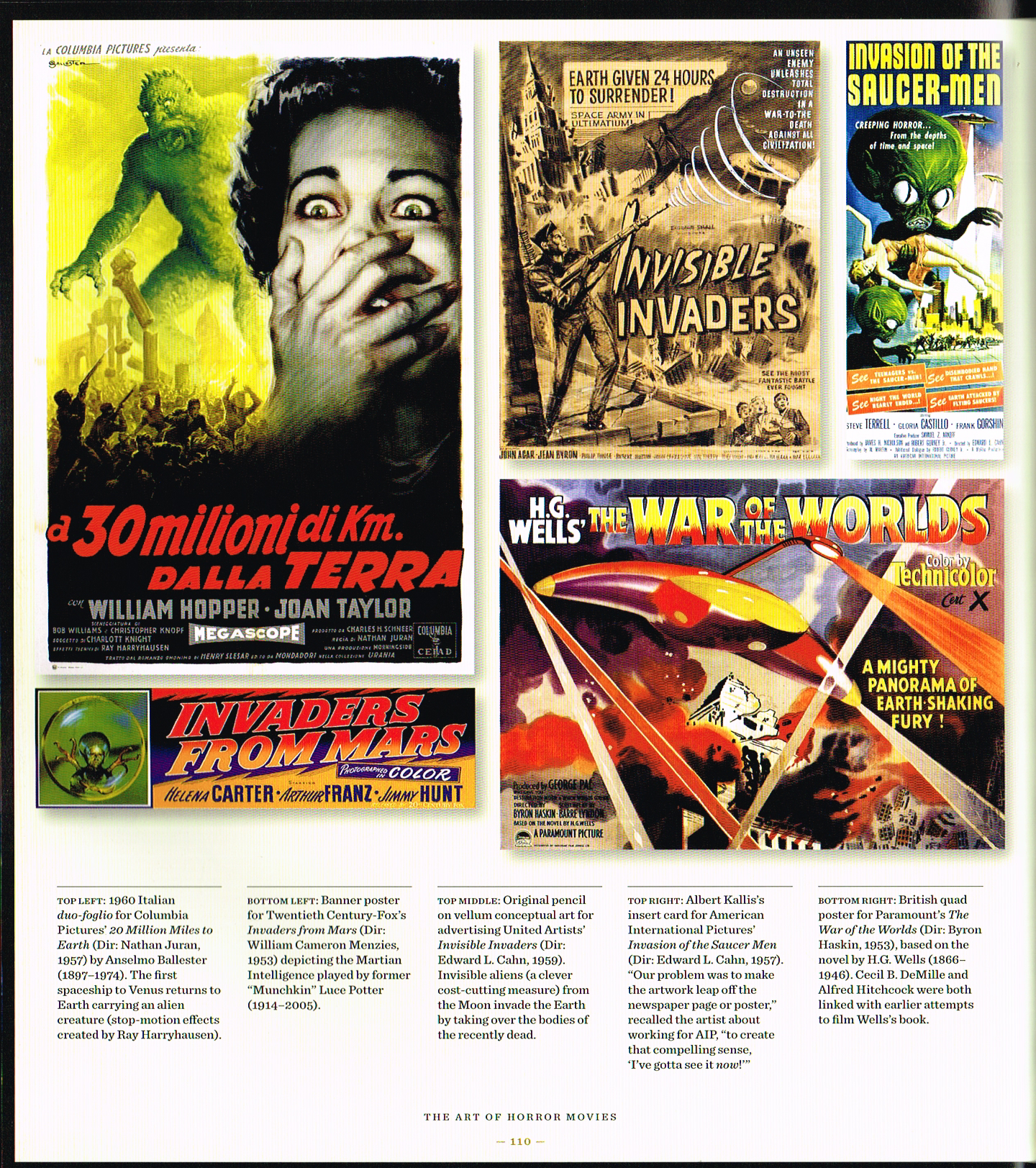 the art of horror movies,the art of horror movies an illustrated history,20 million miles to earth 1957 movie poster anelmo ballester,invaders from mars 1953 poster,invisible invaders 1959 poster,invasion of the saucer men,the war of the world poster