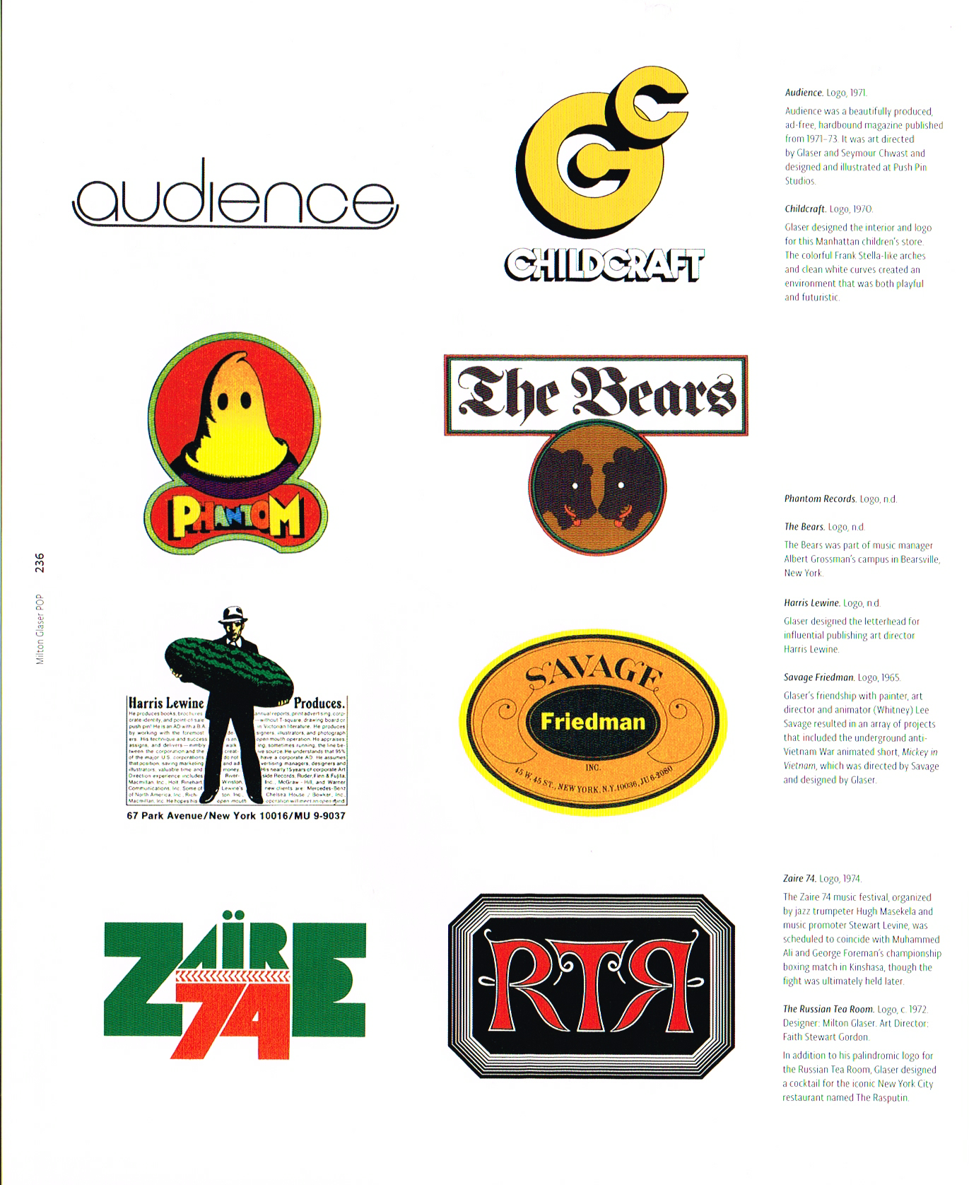 pop milton glaser,the art of milton glaser,audience logo 1971,childcarft logo 1970,phantom record logo, the bears logo, harris lewine logo, savage Friedman logo 1965,zaire 74 logo 1974,the Russian tea room logo 1972