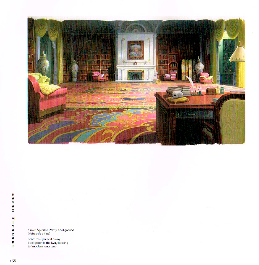 the art of hayao miyazaki,hayao miyazaki artbook,hayao miyazaki art,miyazaki concept art,spirited away background art yababas office,yababas office concept art