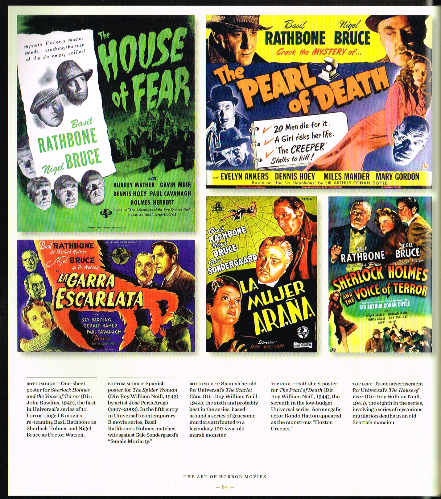 the art of horror movies,art of horror movies and illustrated history,horror movie posters,movie poster art,sherlock holmes and the voice of terror 1942,the spider woman by jose peris arago,the scarlet claw 1944,the pearl of death,the house of fear